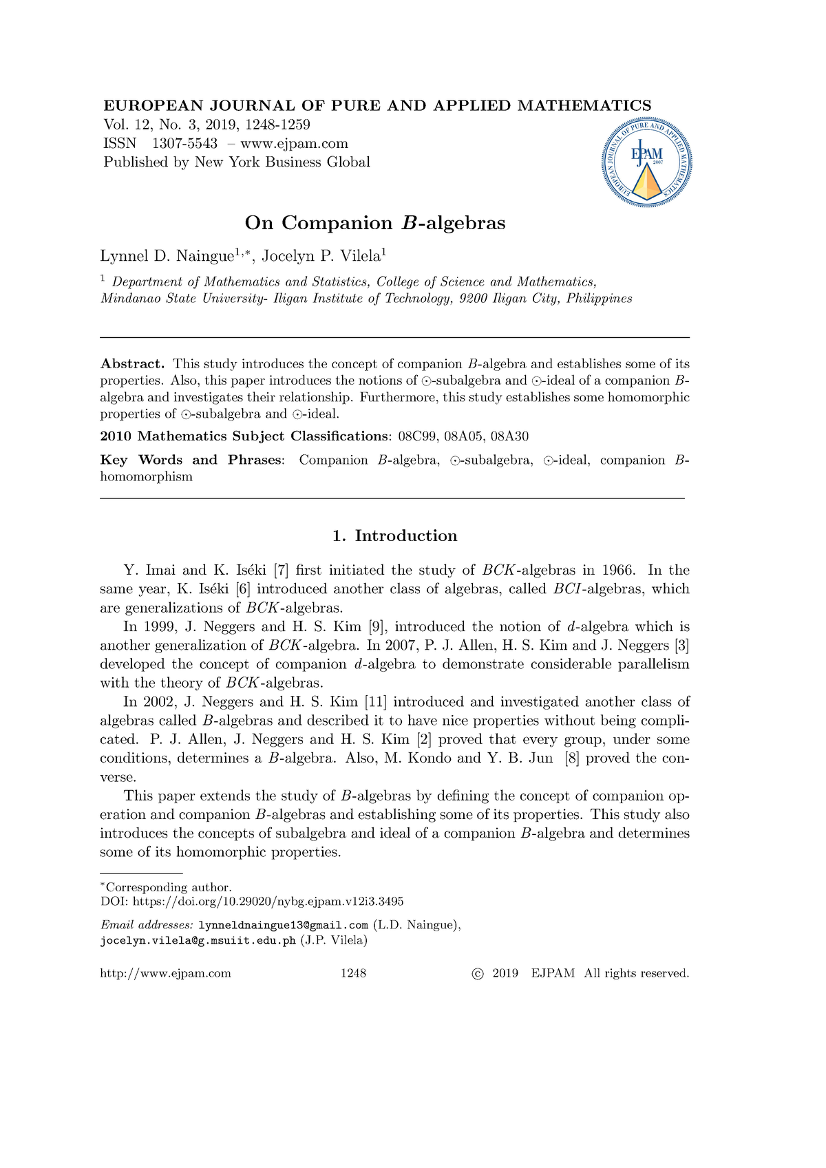 On Companion B-algebra - EUROPEAN JOURNAL OF PURE AND APPLIED ...