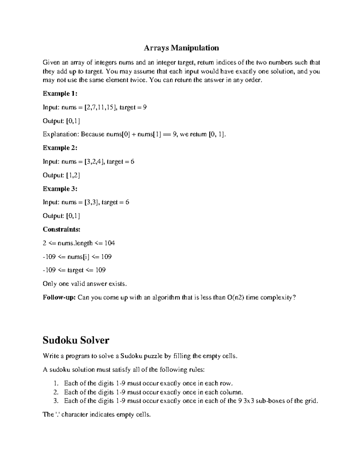 Arrays - lecture - Arrays Manipulation Given an array of integers nums ...