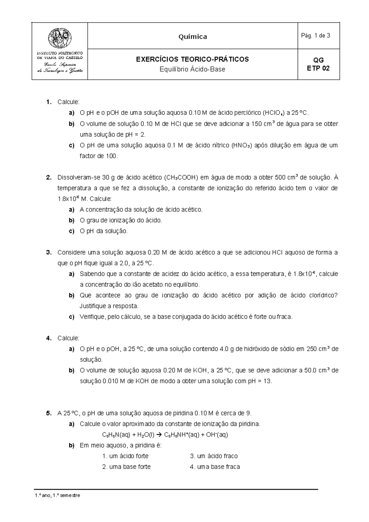 Qg Tp02 Equilíbrio Ácido Base Química Pág 1 De 3 ExercÍcios Teorico