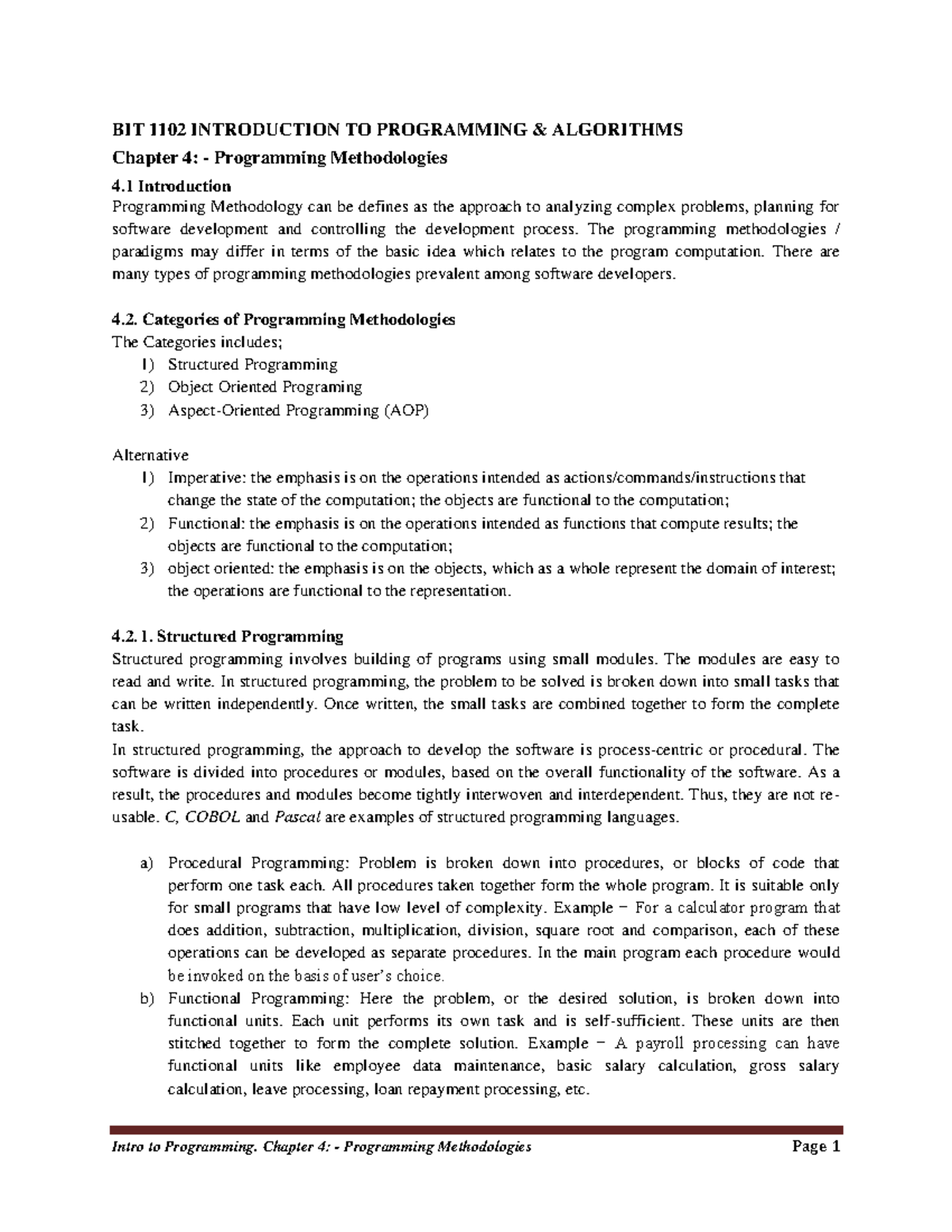 Chapter 4 - Programming Methodologies - BIT 1102 INTRODUCTION TO ...