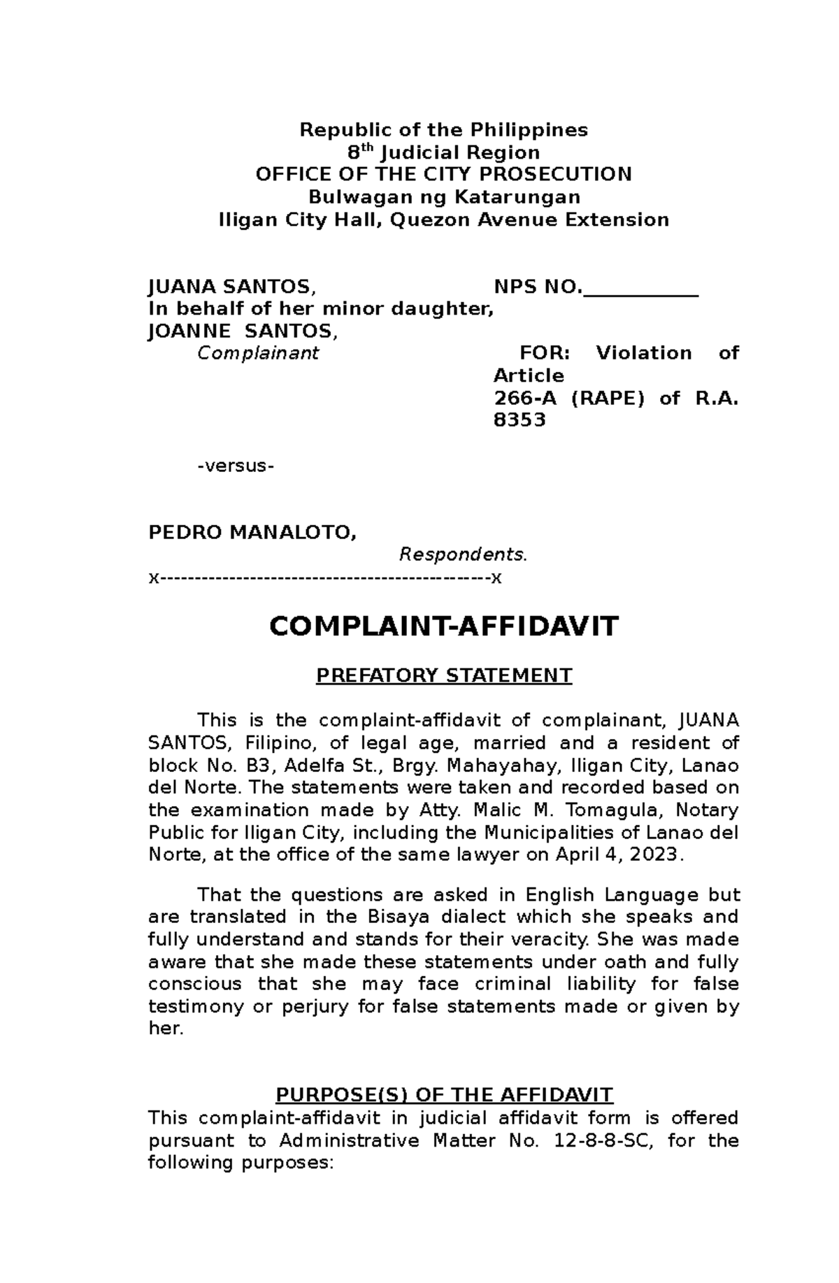 Complaintaffidavit legal forms Republic of the Philippines 8 th