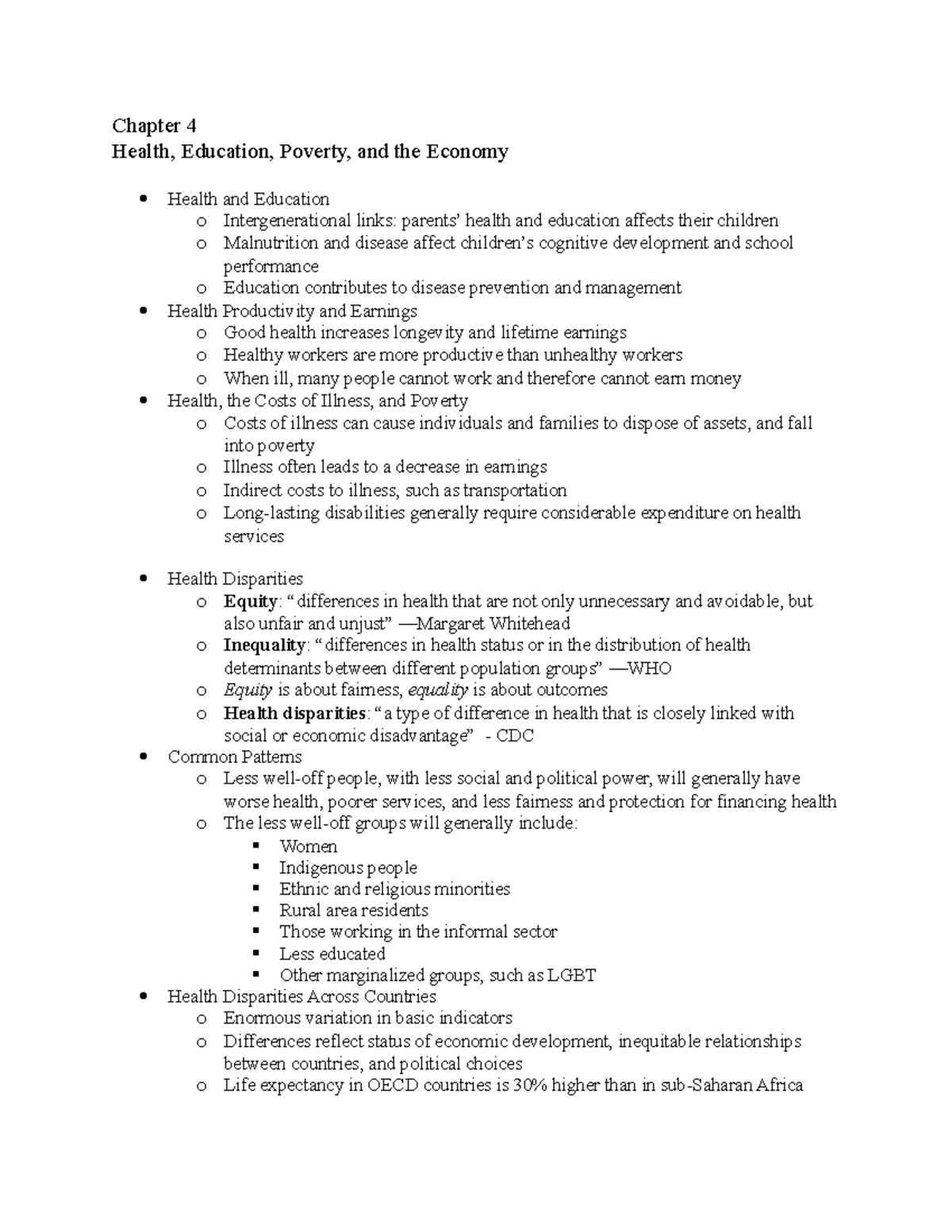 HEA 310 - Chapter 4 Notes - Chapter 4 Health, Education, Poverty, and ...
