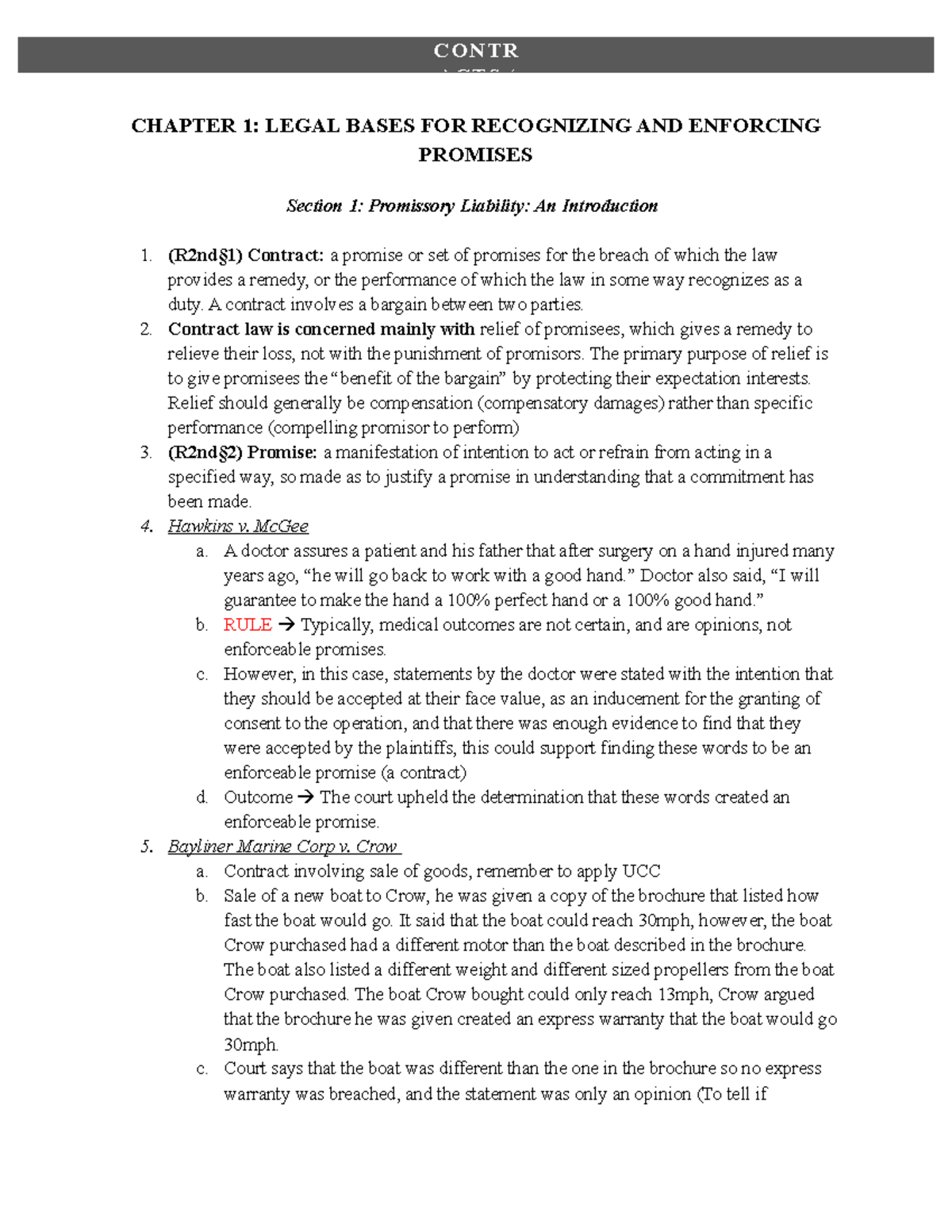 Contracts Outline - CHAPTER 1: LEGAL BASES FOR RECOGNIZING AND ...