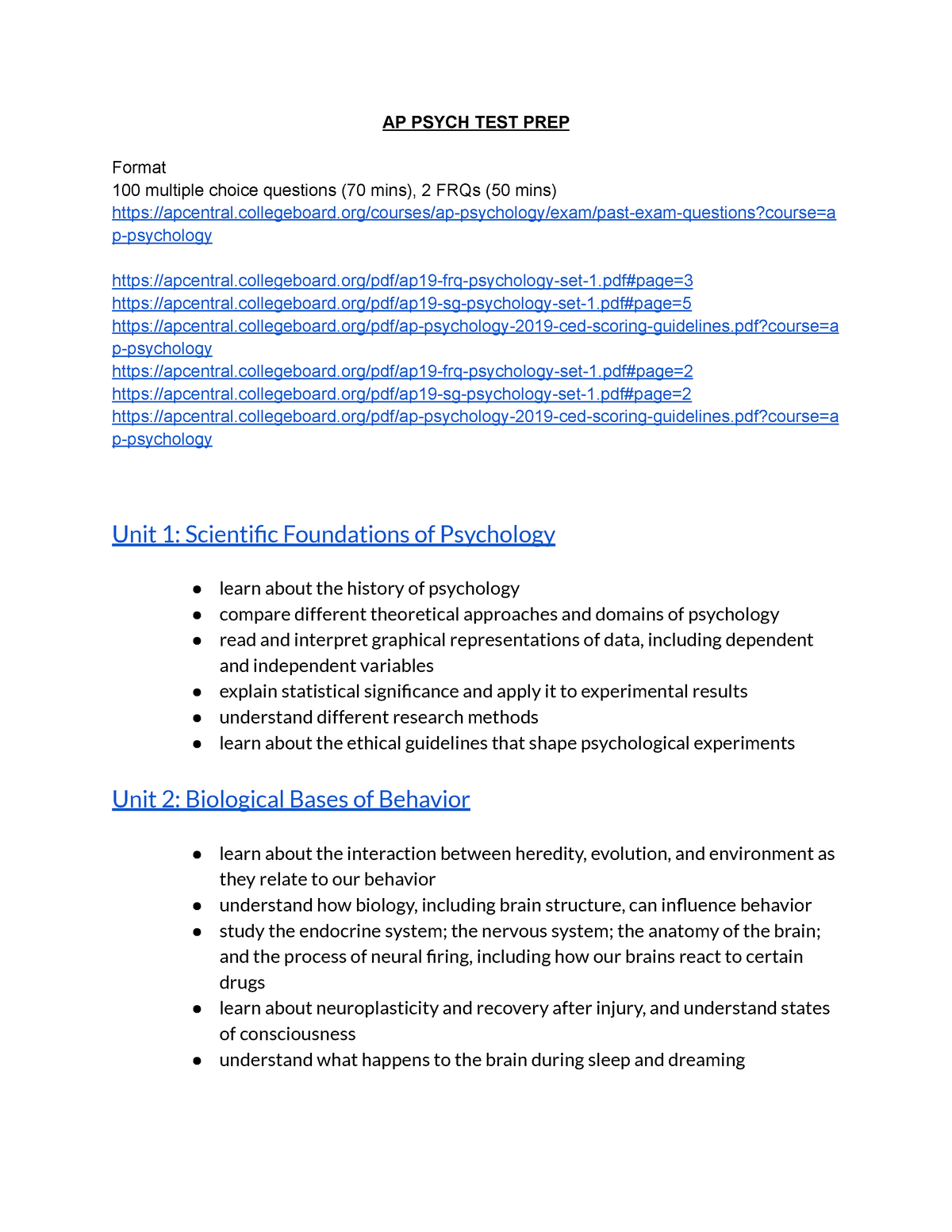 AP Psych TEST PREP Google Docs AP PSYCH TEST PREP Format 100