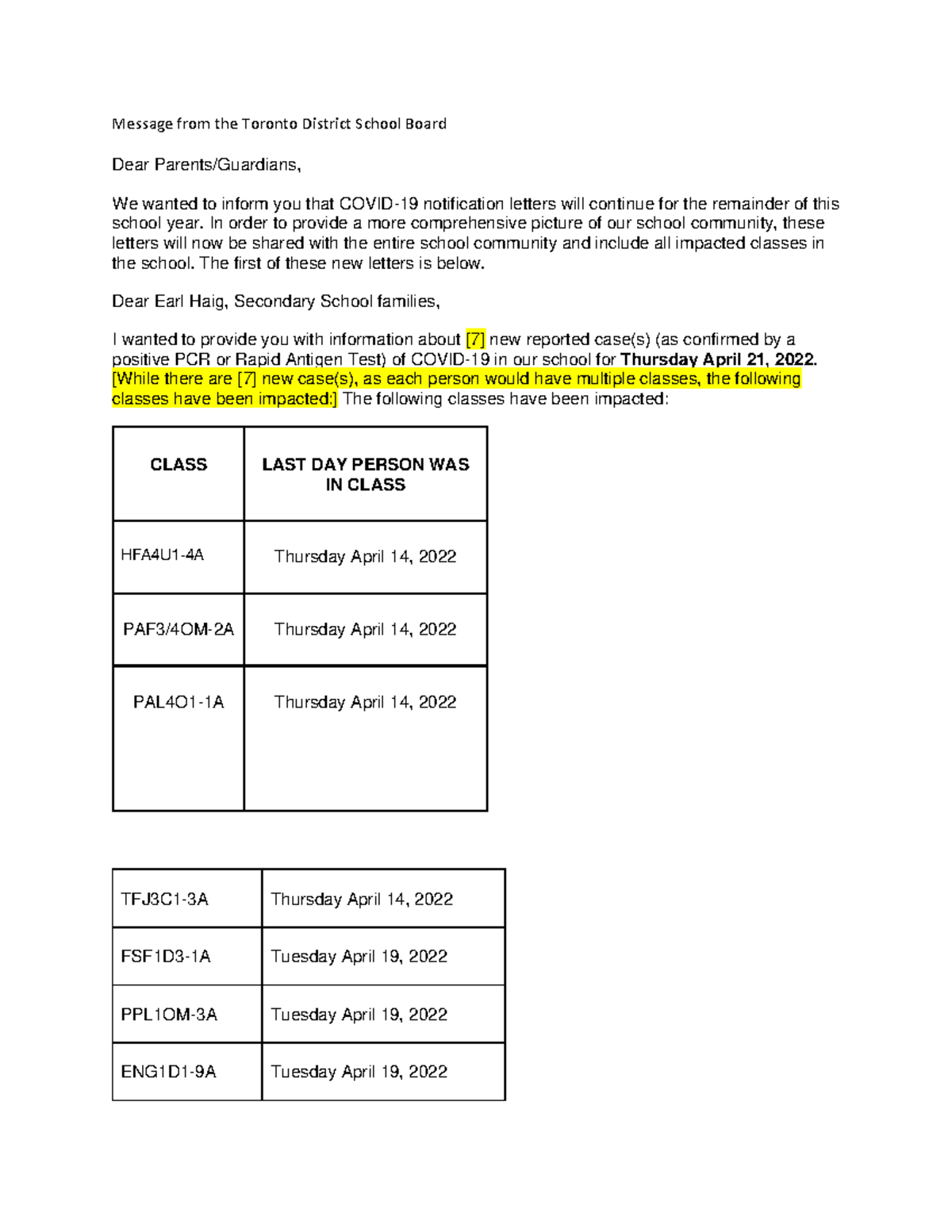 Covid-19 Notification Letter - Earl Haig Seconday School April 21 2022 ...