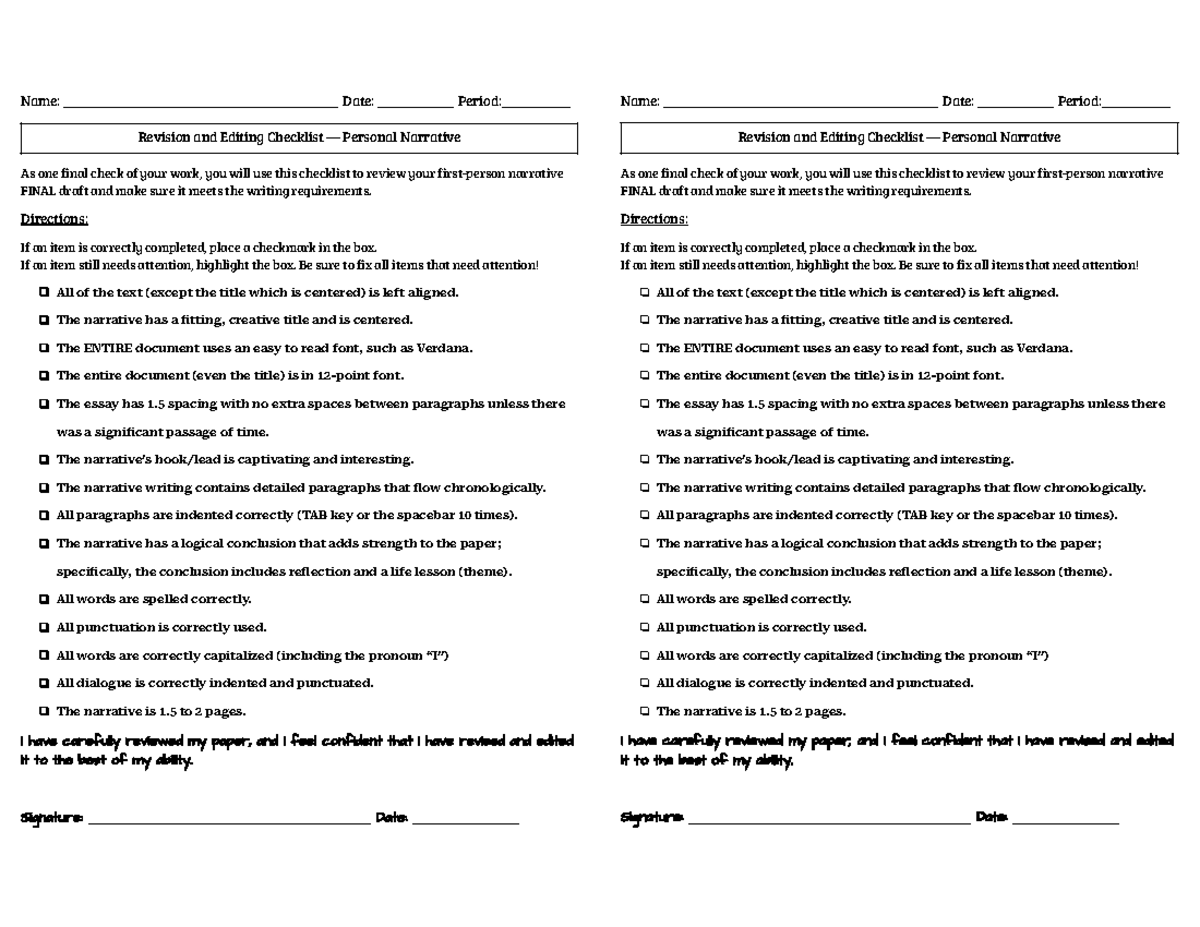 Revision and Editing Checklist Personal Narrative 2024 half page