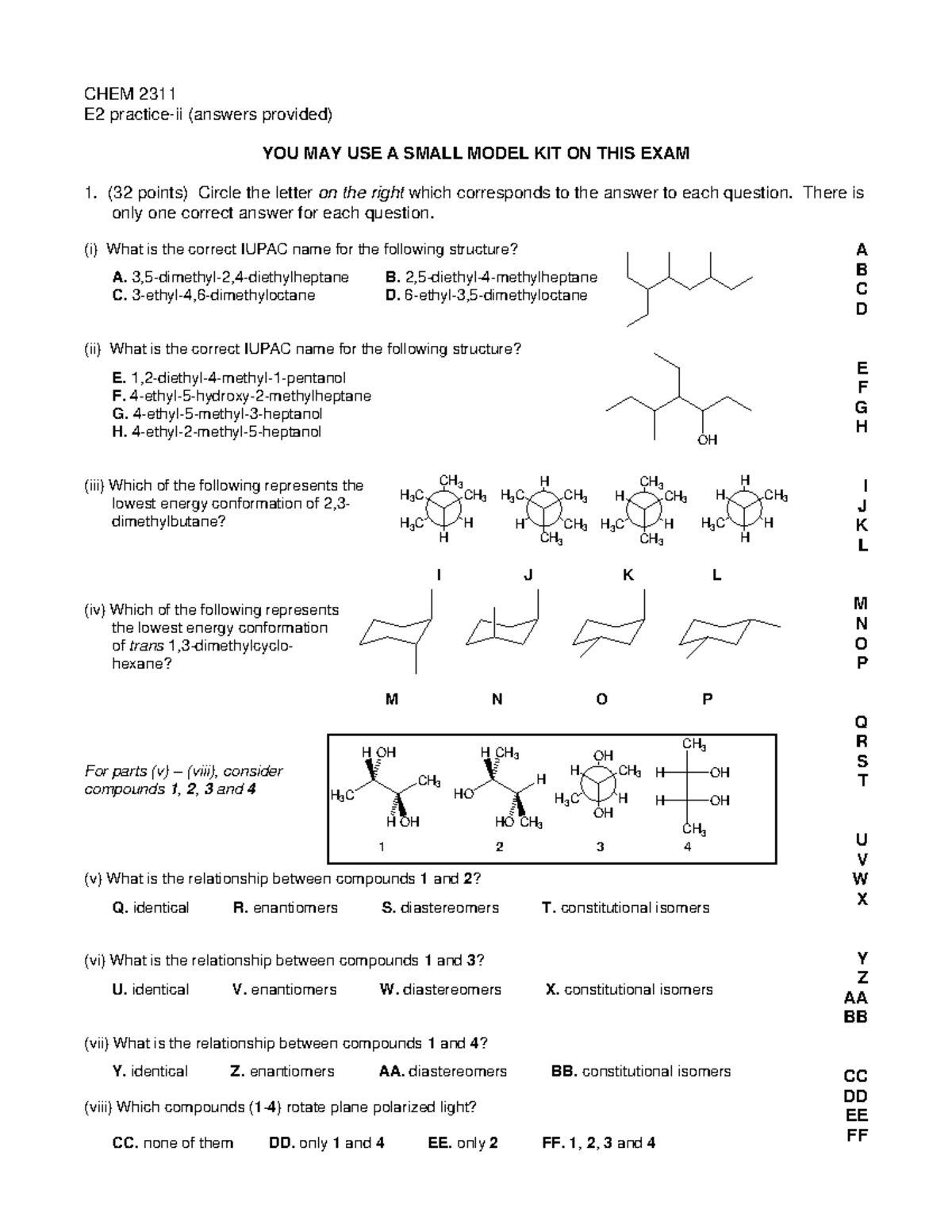 Practice Exam 2 B - CHEM 2311 E2 Practice-ii (answers Provided) YOU MAY ...