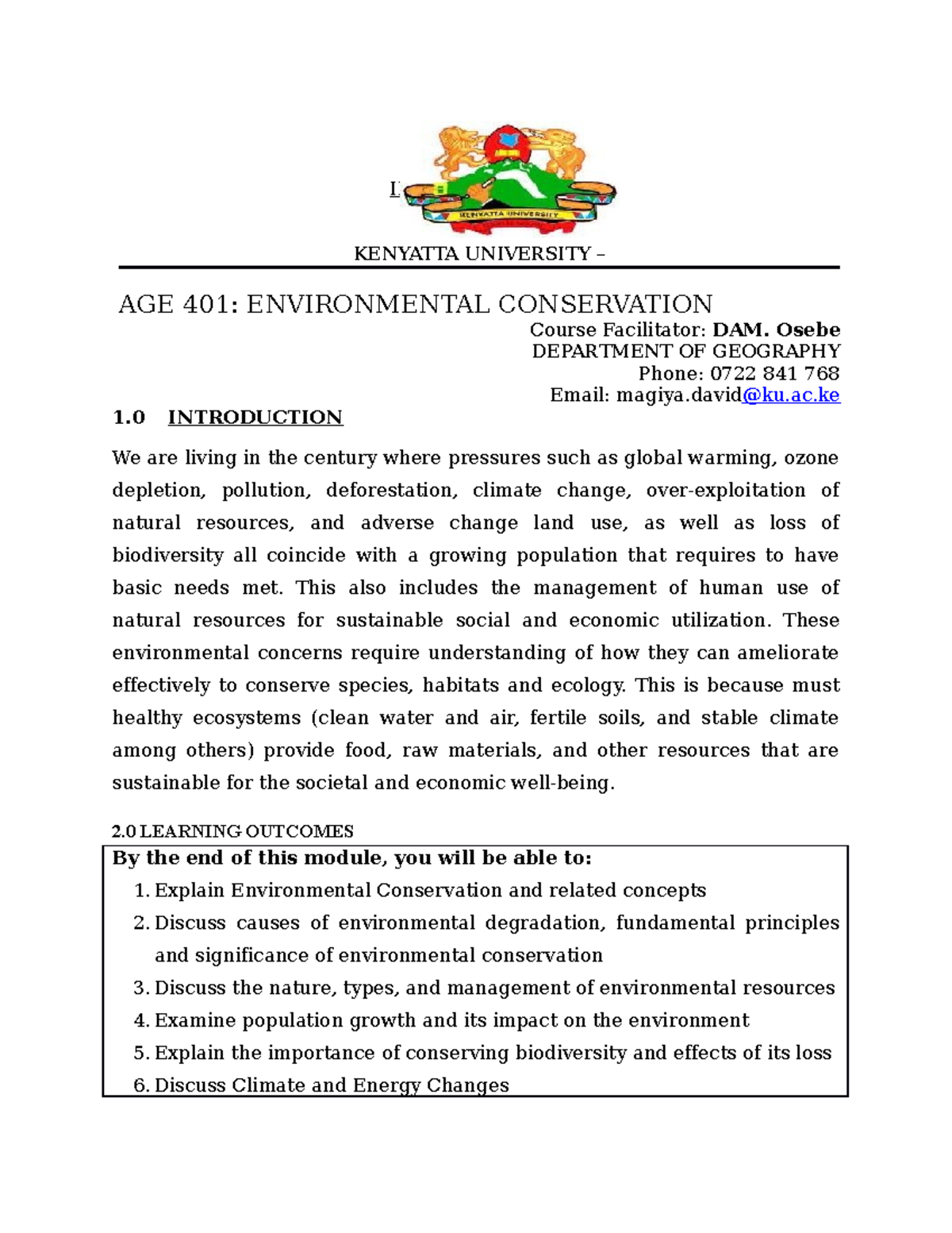 AGE 411 Environmental Conservation - INTERNAL MEMO KENYATTA UNIVERSITY ...