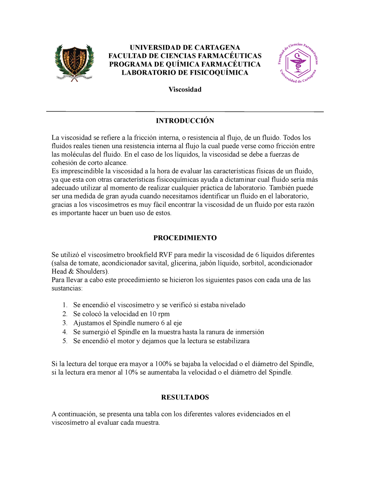 Informe Viscosidad - Reporte De Laboratorio - UNIVERSIDAD DE CARTAGENA ...