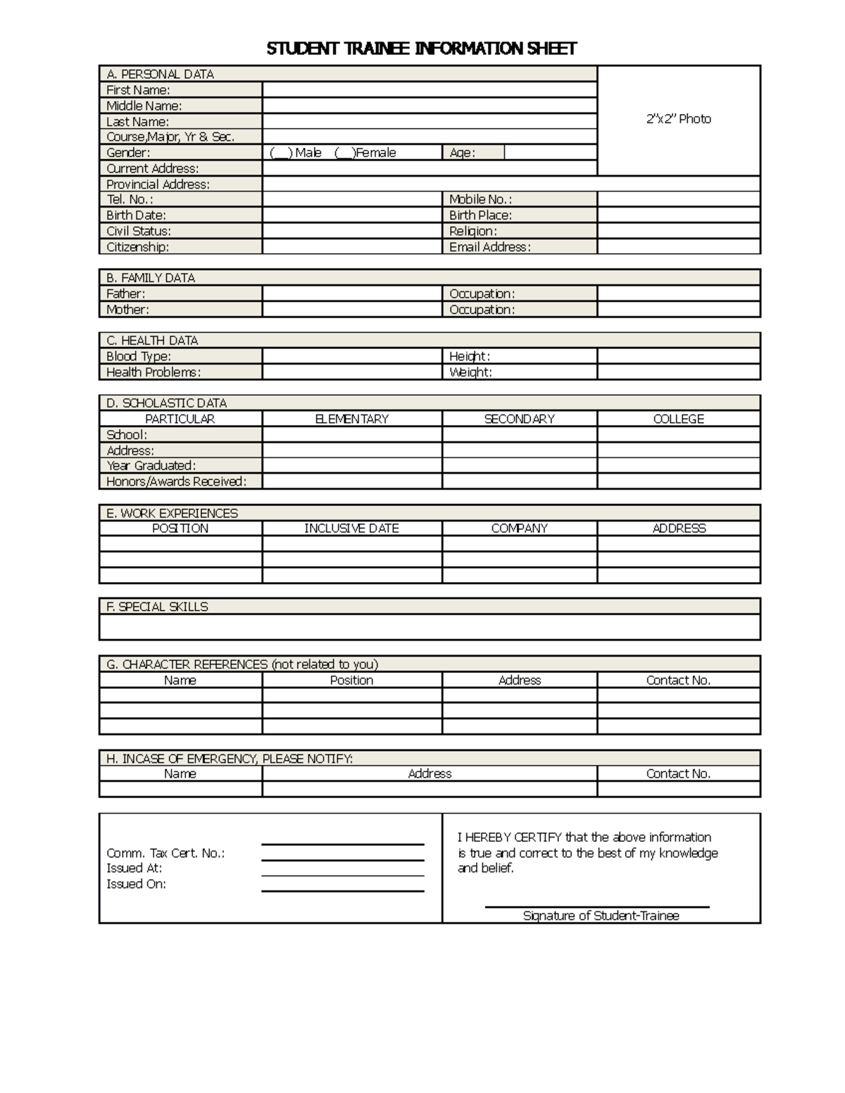 Annex-f - N A - Student Trainee Information Sheet A. Personal Data 2”x2 