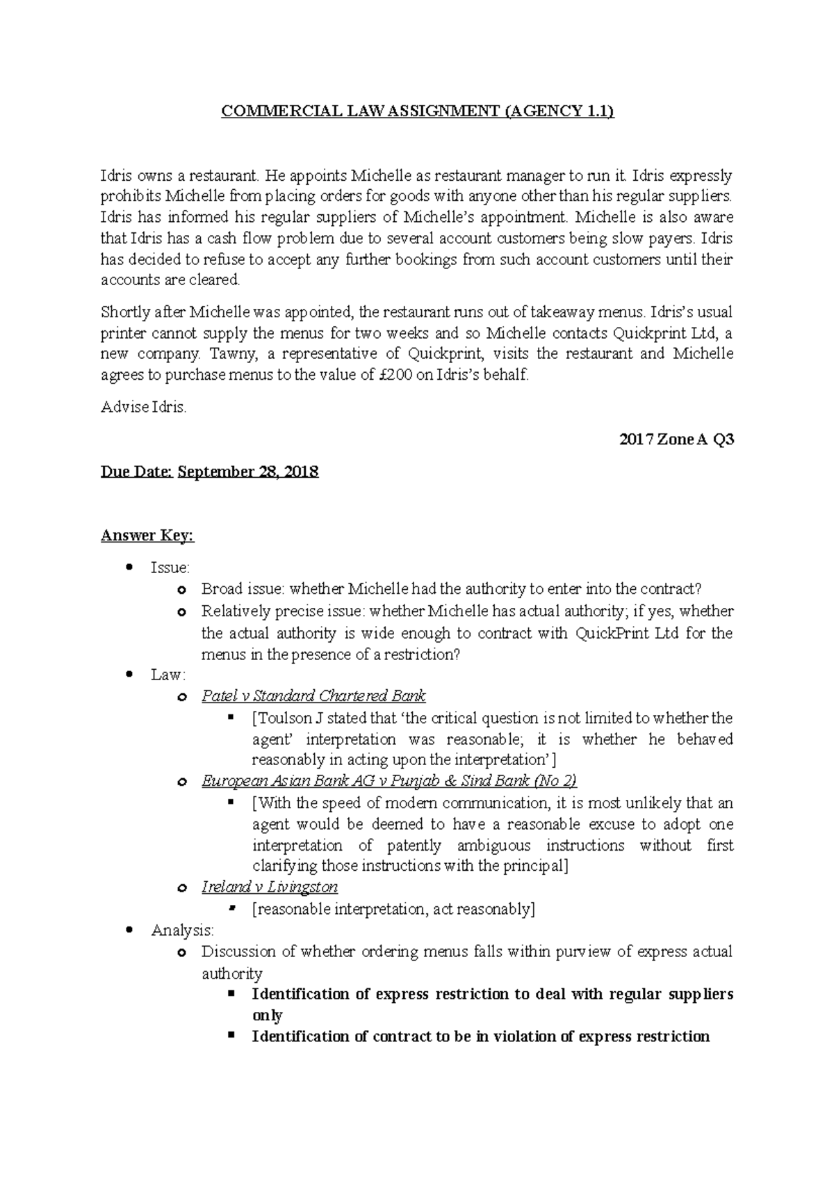 Agency answer key with notes - COMMERCIAL LAW ASSIGNMENT (AGENCY 1 ...