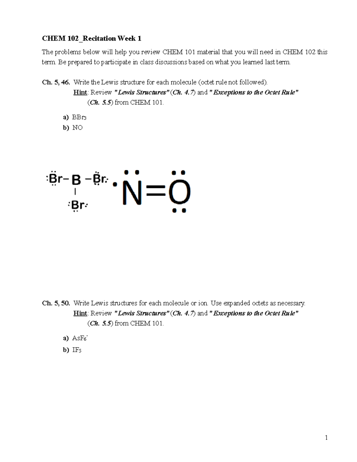 CHEM 102 - WEEK 1 - Recitation Questions - CHEM 102_Recitation Week 1 ...