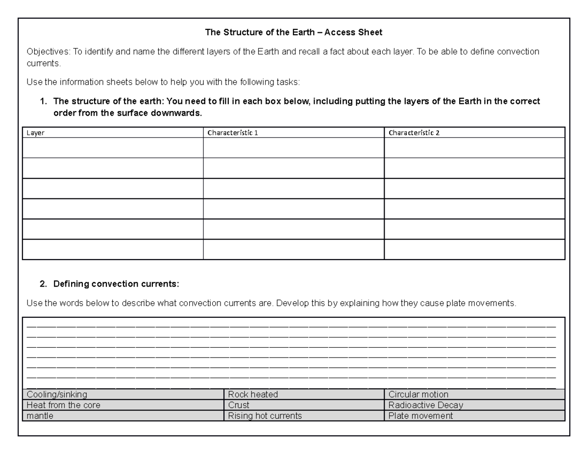 Earth Structure Access sheet - The Structure of the Earth – Access ...