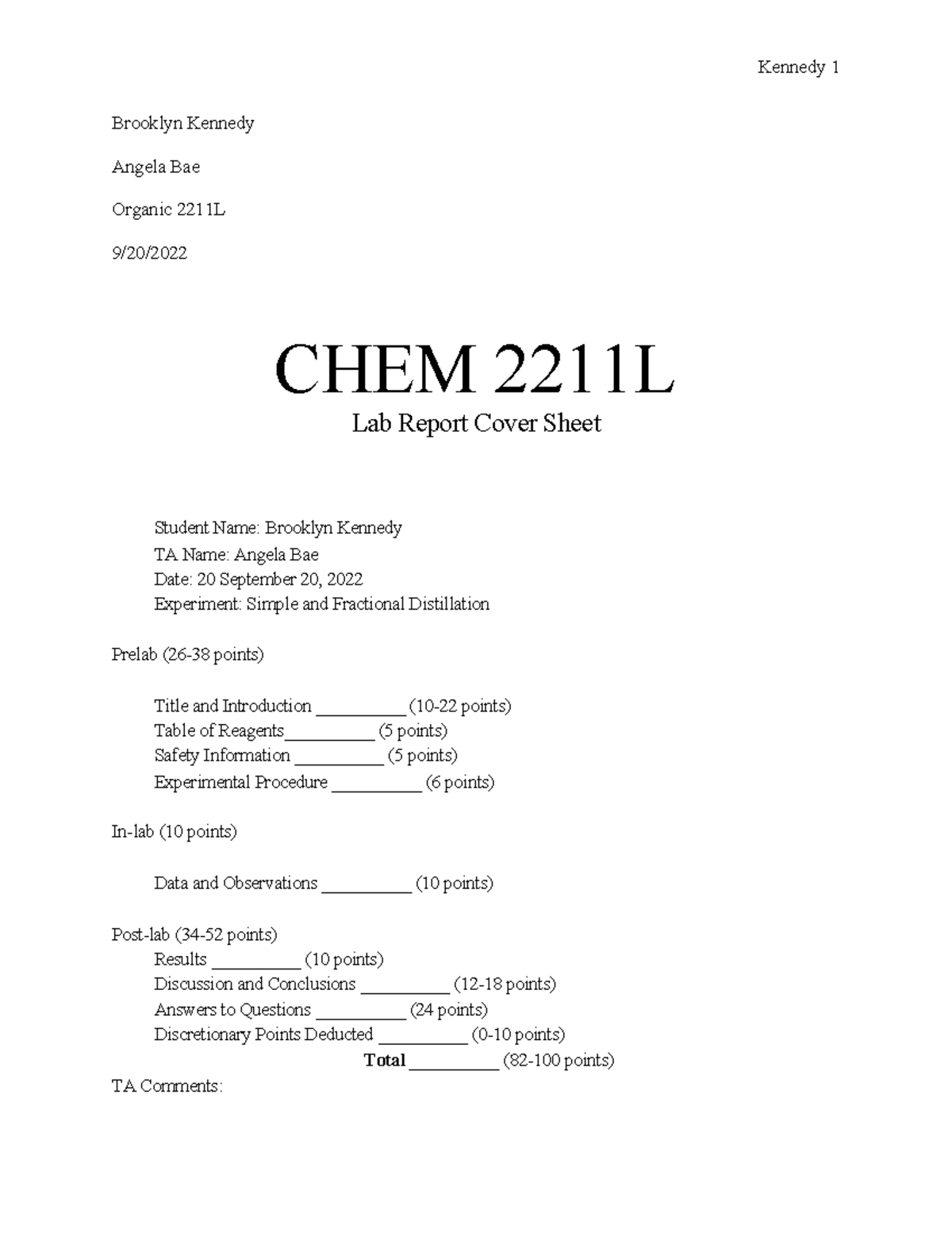 Distillation Lab - Brooklyn Kennedy Angela Bae Organic 2211L 9/20/ CHEM ...