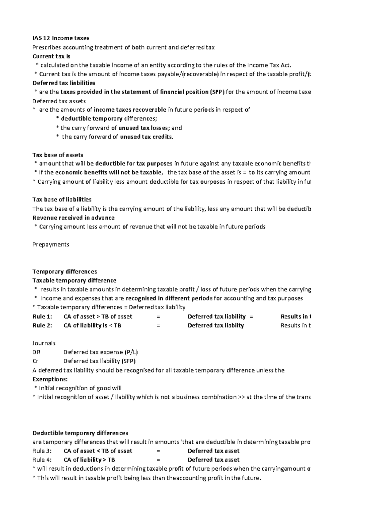 IAS 12 Summary - IAS 12 Income taxes Prescribes accounting treatment of ...