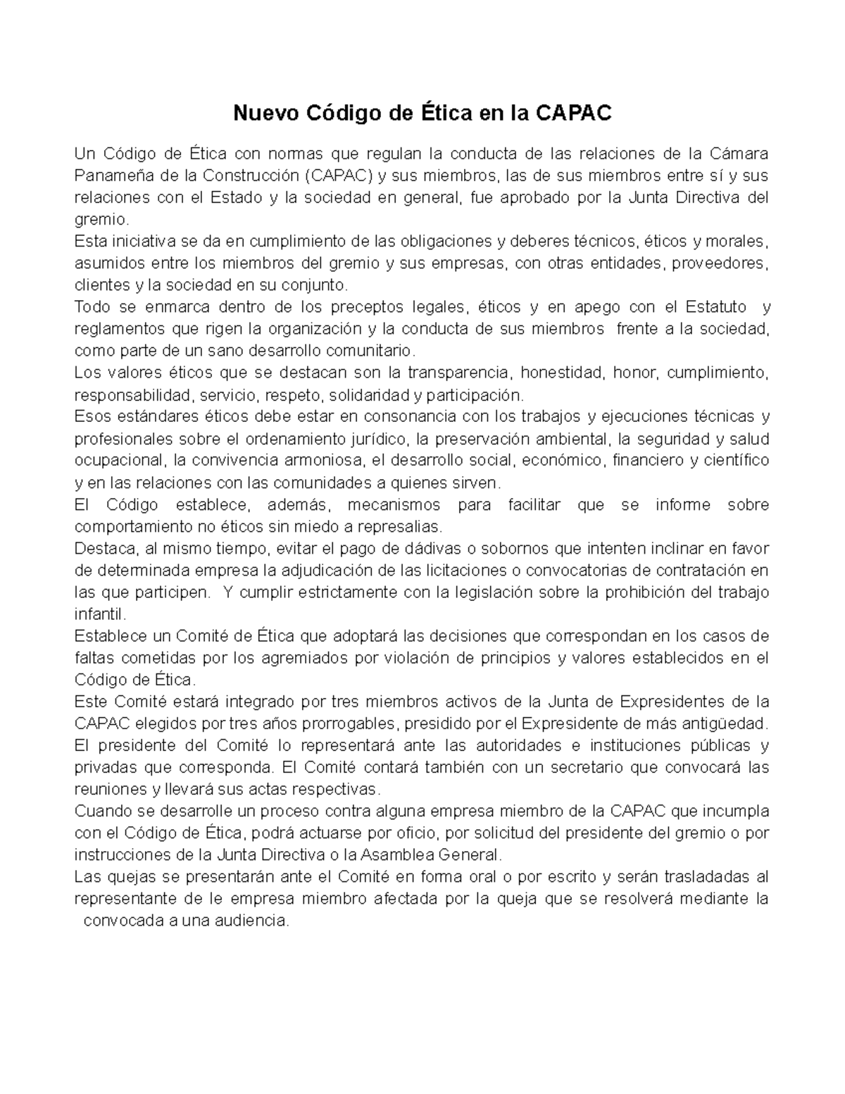 Etica capac Nuevo Código de Ética en la CAPAC Un Código de Ética con