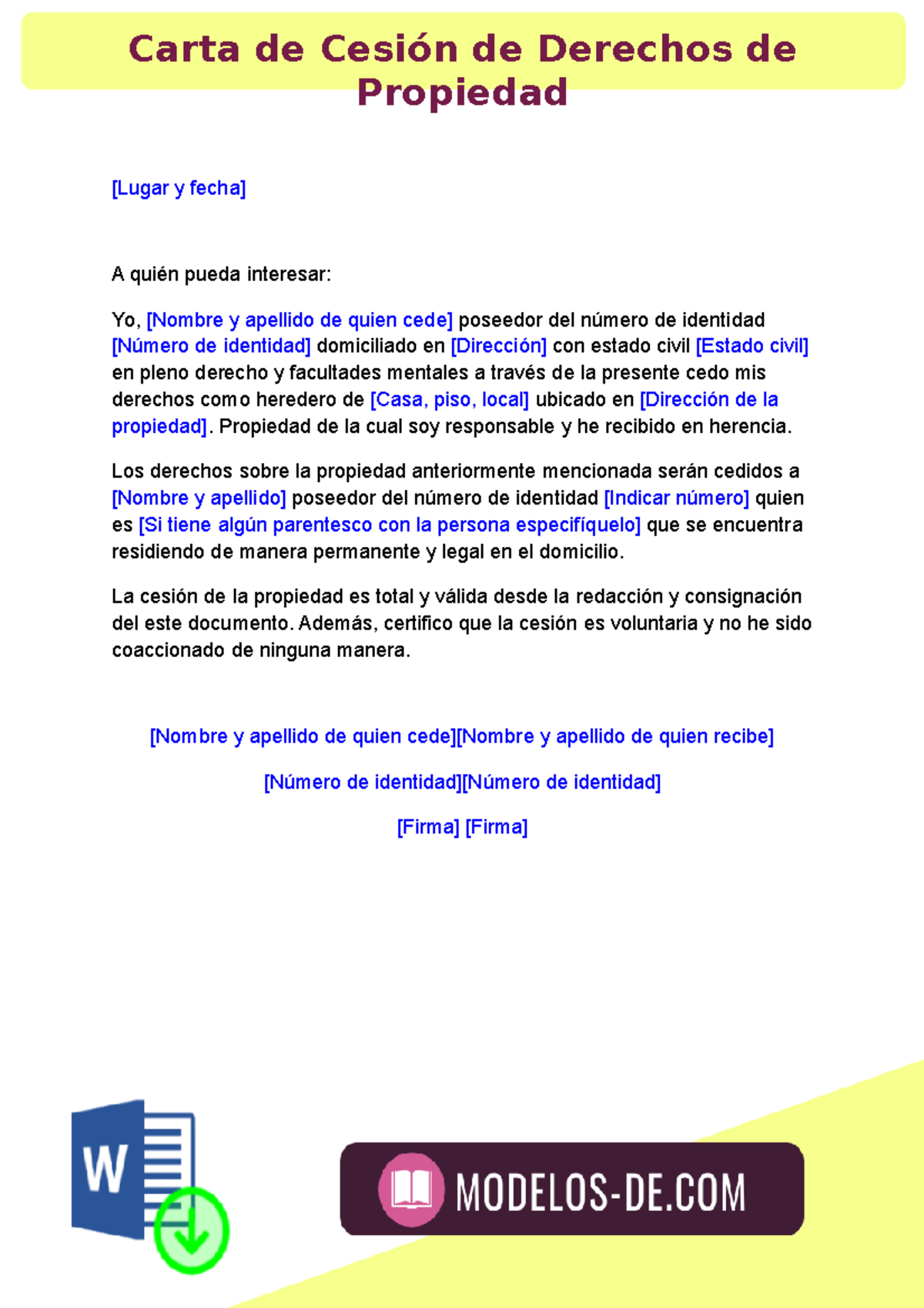 Modelo De Carta De Cesi n De Derechos De Propiedad Lugar Y Fecha A