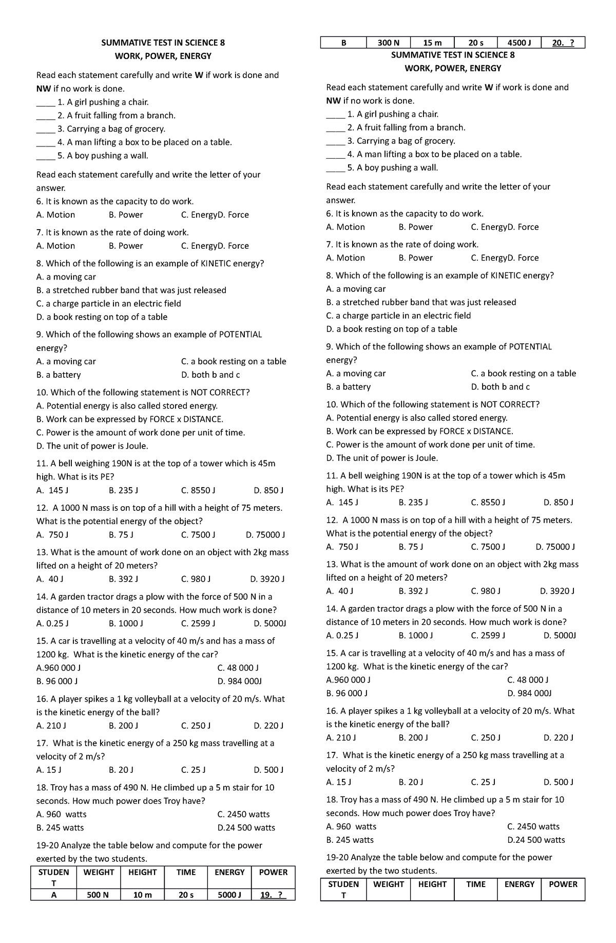 Summative Test in Science 8 Module 2 - SUMMATIVE TEST IN SCIENCE 8 WORK ...