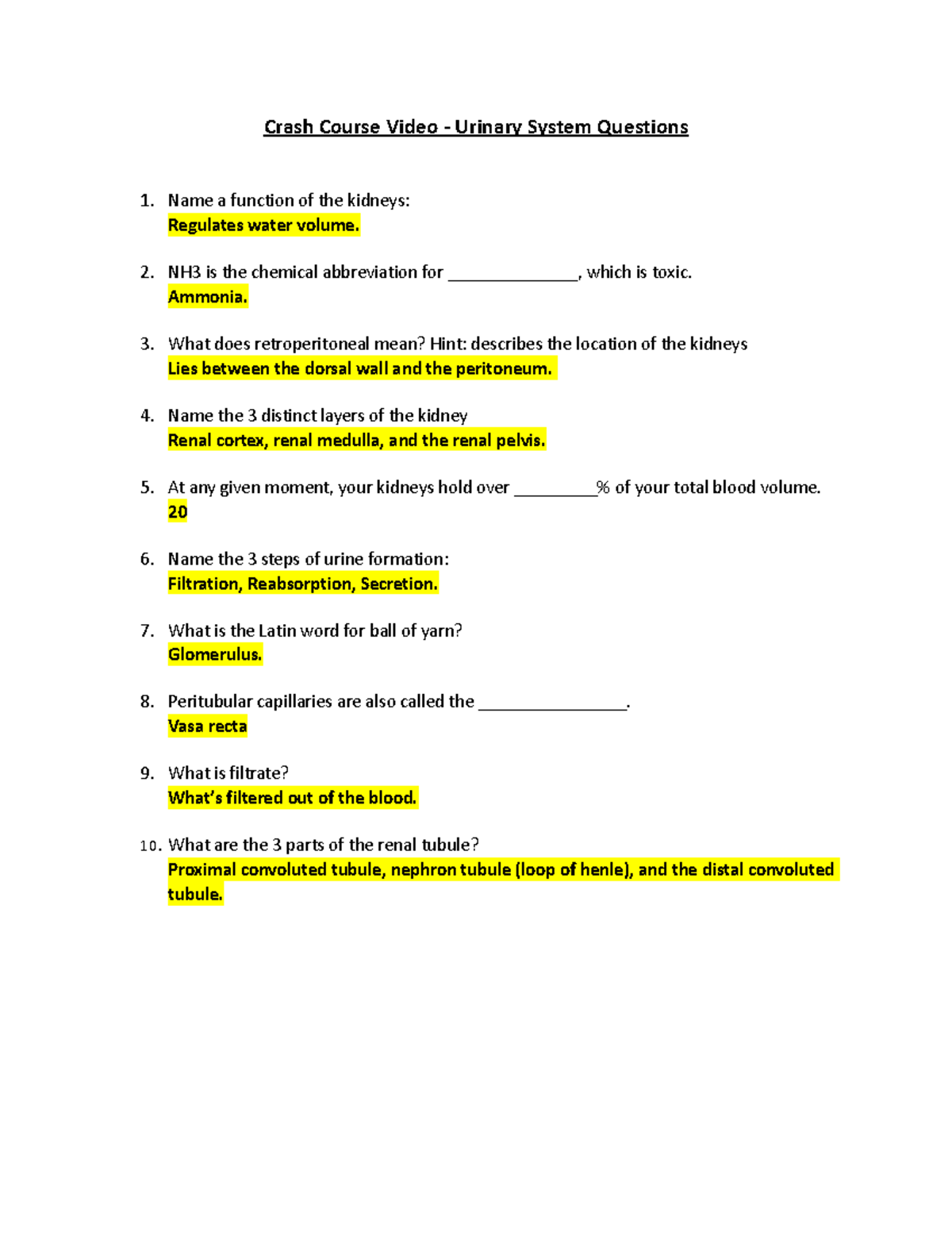 Crash Course Video Urinary System Questions Name a function of the