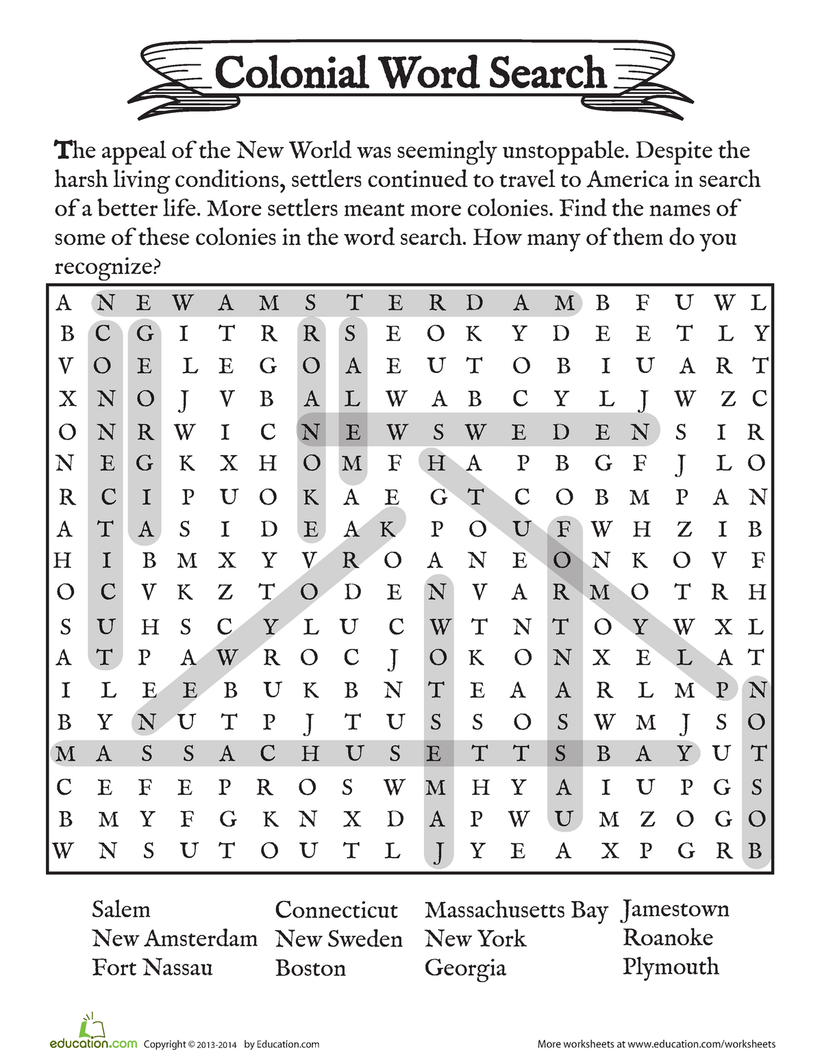 Colonial Word Search Answer Key Copyright © 20102011 by Education