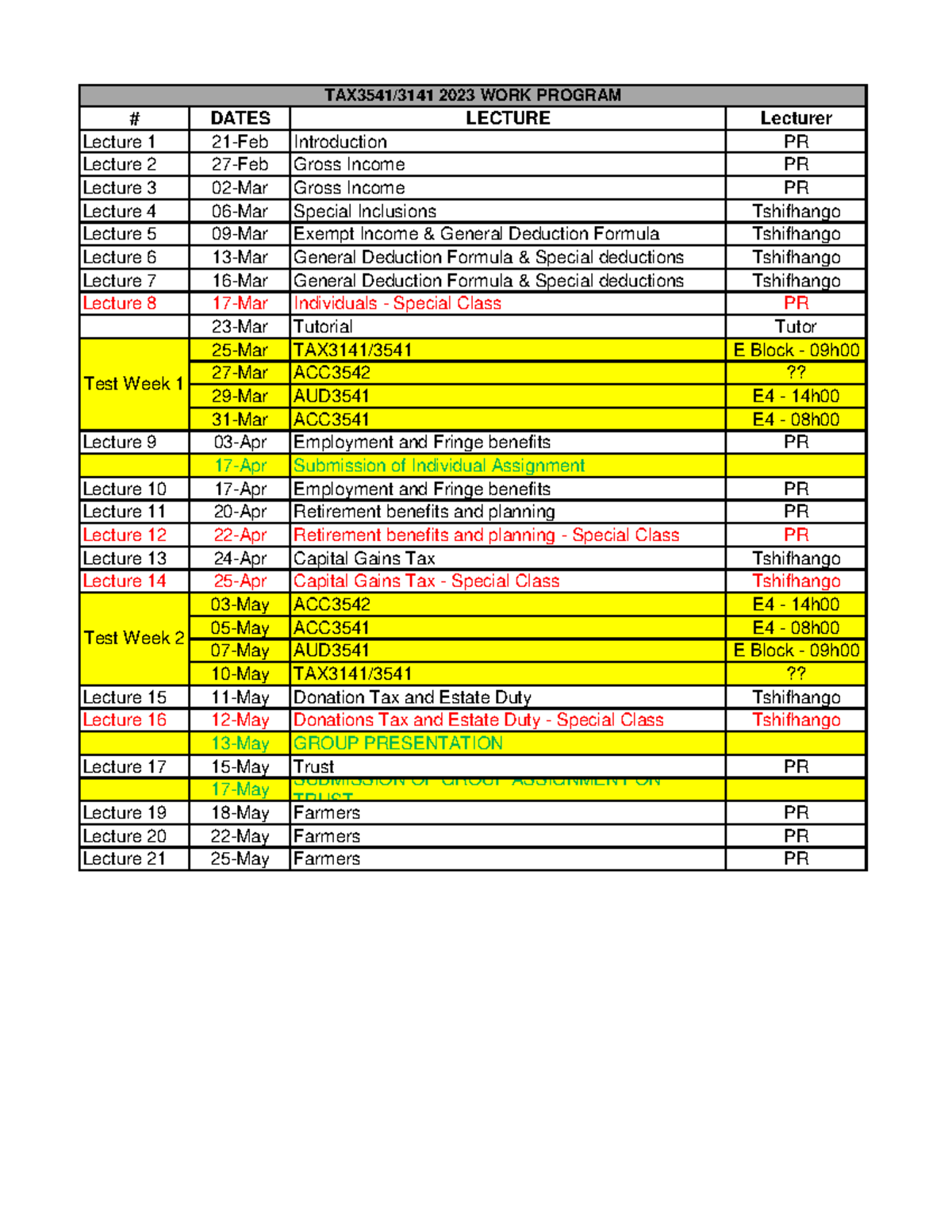 2023 Work Program - DATES LECTURE Lecturer Lecture 1 21-Feb ...