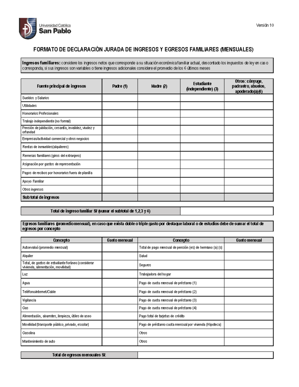 Formato de Declaración Jurada de Ingresos y Egresos Familiares ...