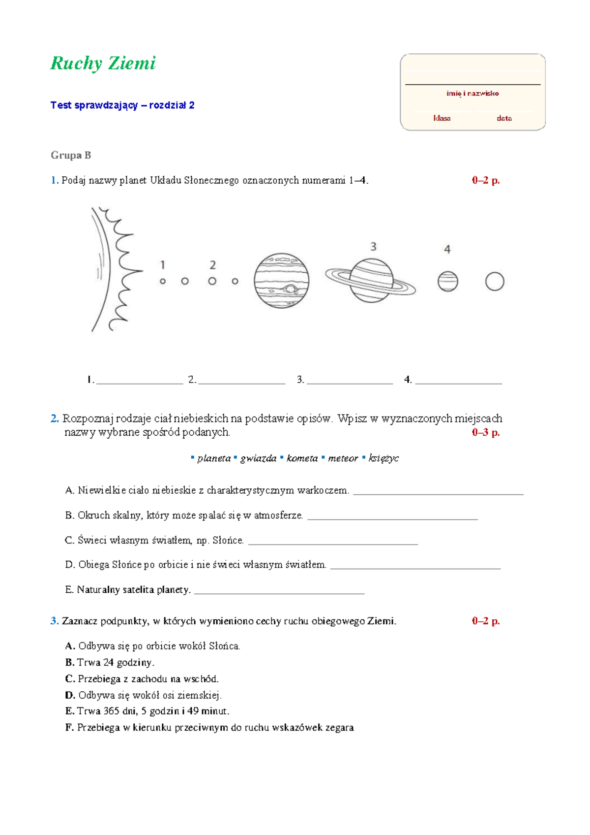 Test Sprawdzajacy Z Rozdzialu Ii Ruchy Ziemi Grupa B - Ruchy Ziemi Test ...