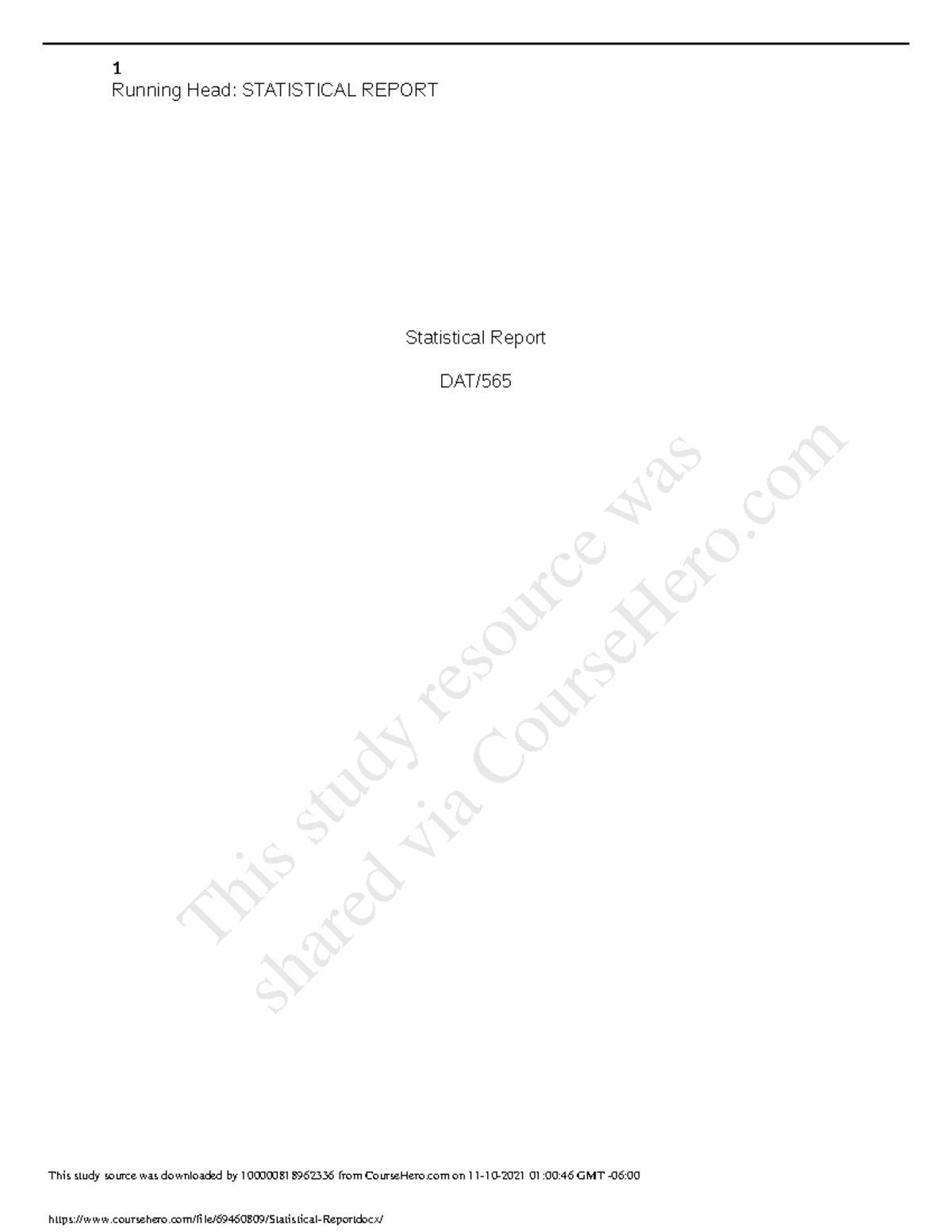 Statistical Report DATA Analysis 565 - DATA 401 - Studocu