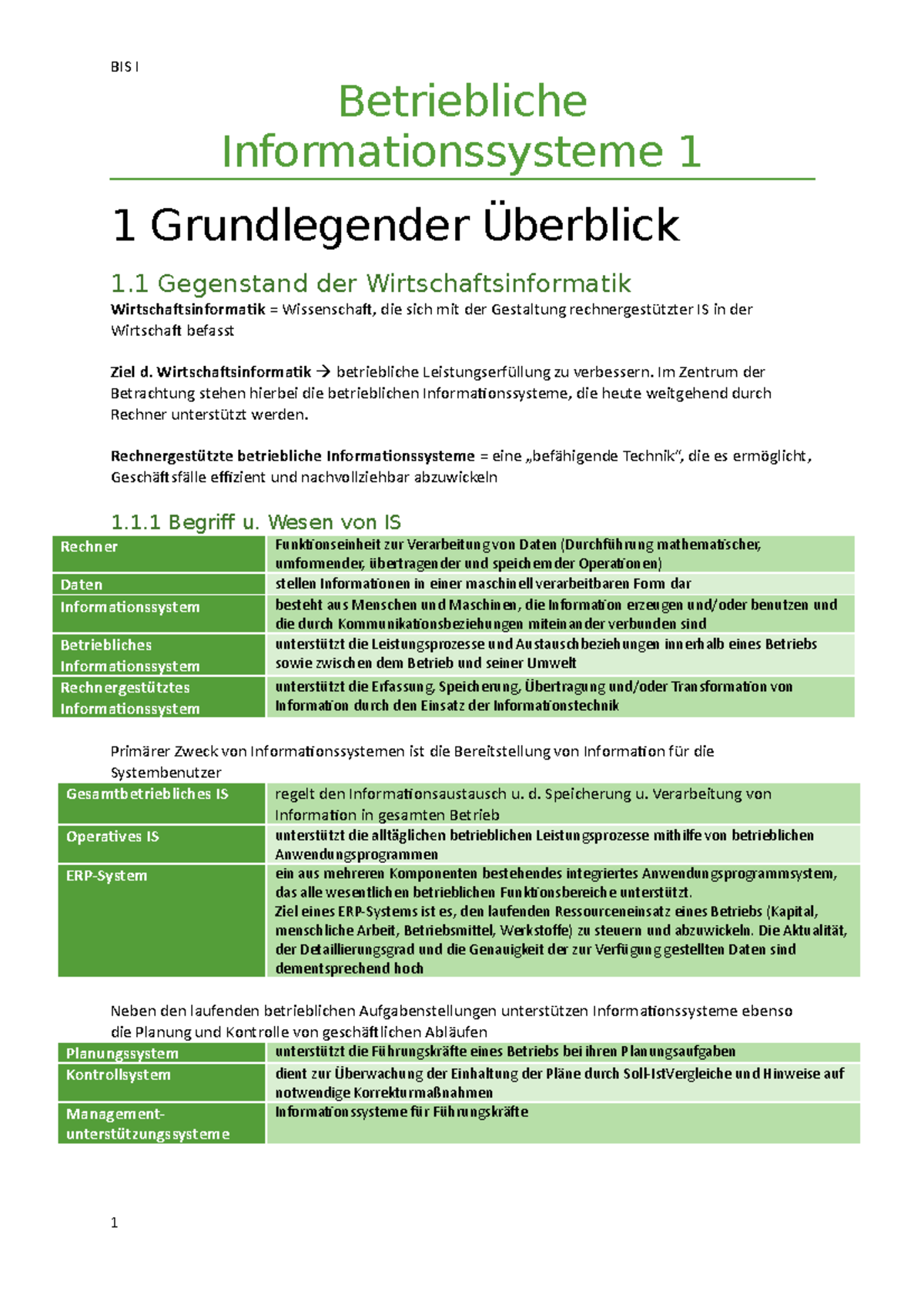 BIS1 Zusammenfassung - Betriebliche Informationssysteme 1 1 ...