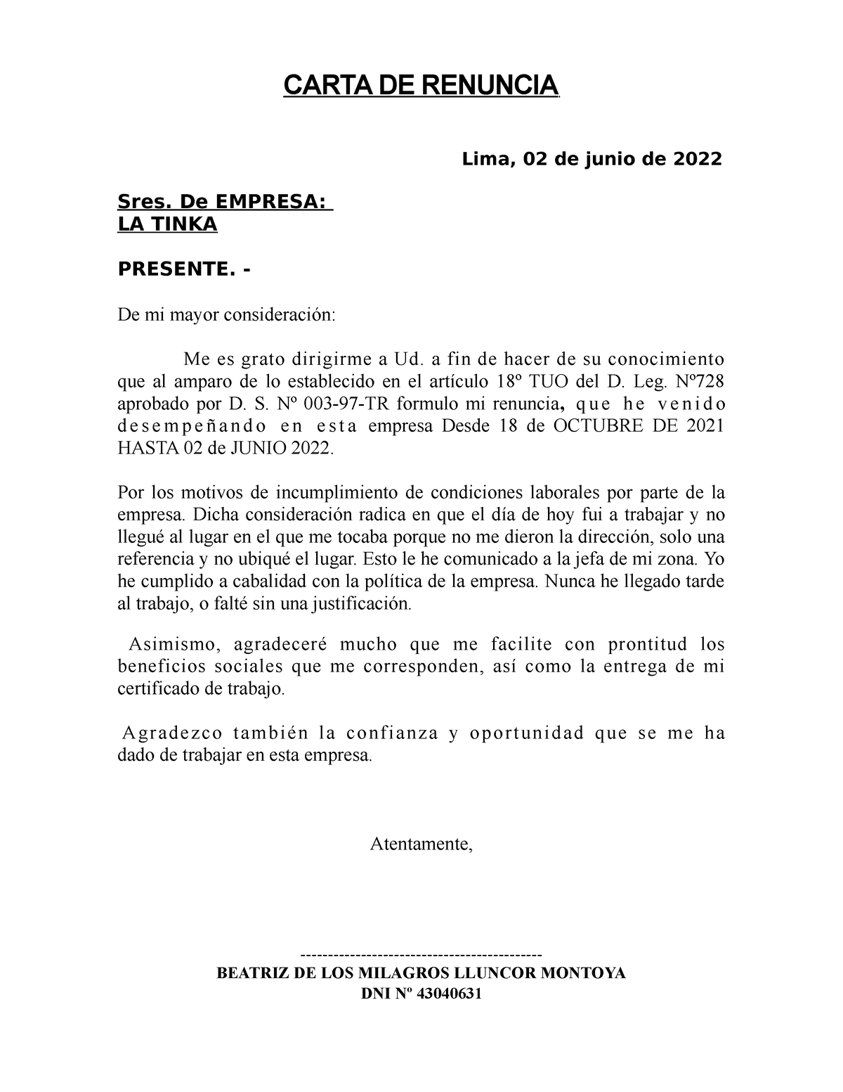 Carta DE Renuncia modelo - CARTA DE RENUNCIA Lima, 02 de junio de 2022  Sres. De EMPRESA: LA TINKA - Studocu