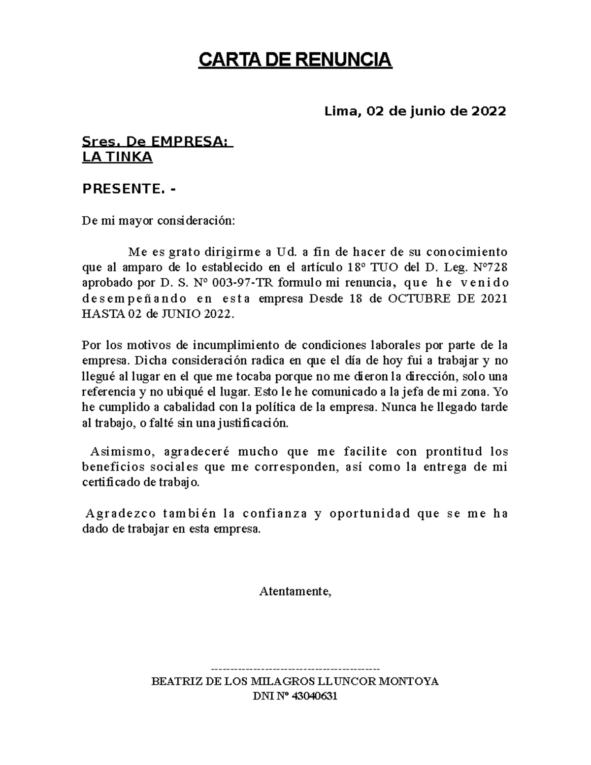 Carta DE Renuncia modelo - CARTA DE RENUNCIA Lima, 02 de junio de 2022  Sres. De EMPRESA: LA TINKA - Studocu