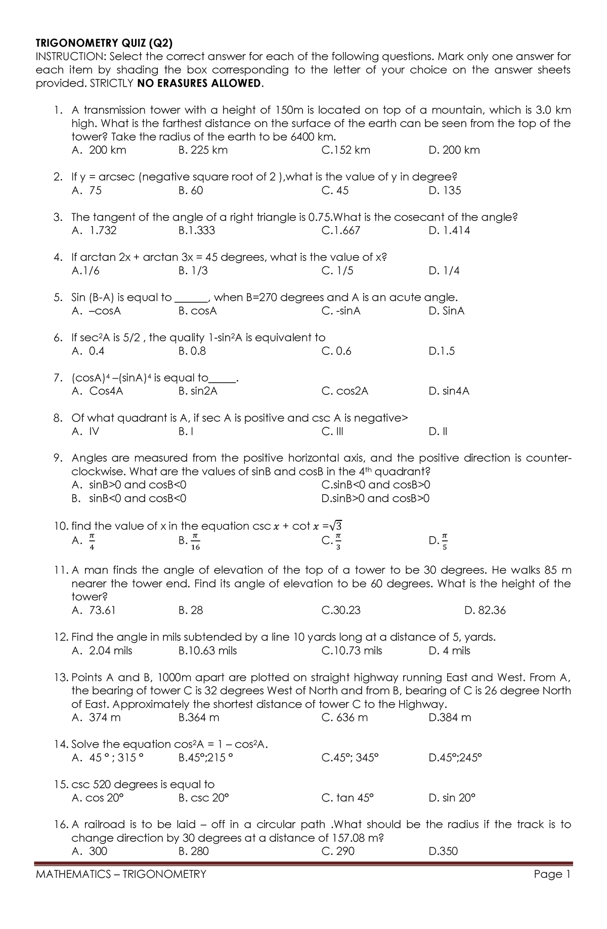 Trigonometry PS 4 (QUIZ) - MATHEMATICS – TRIGONOMETRY Page 1 ...