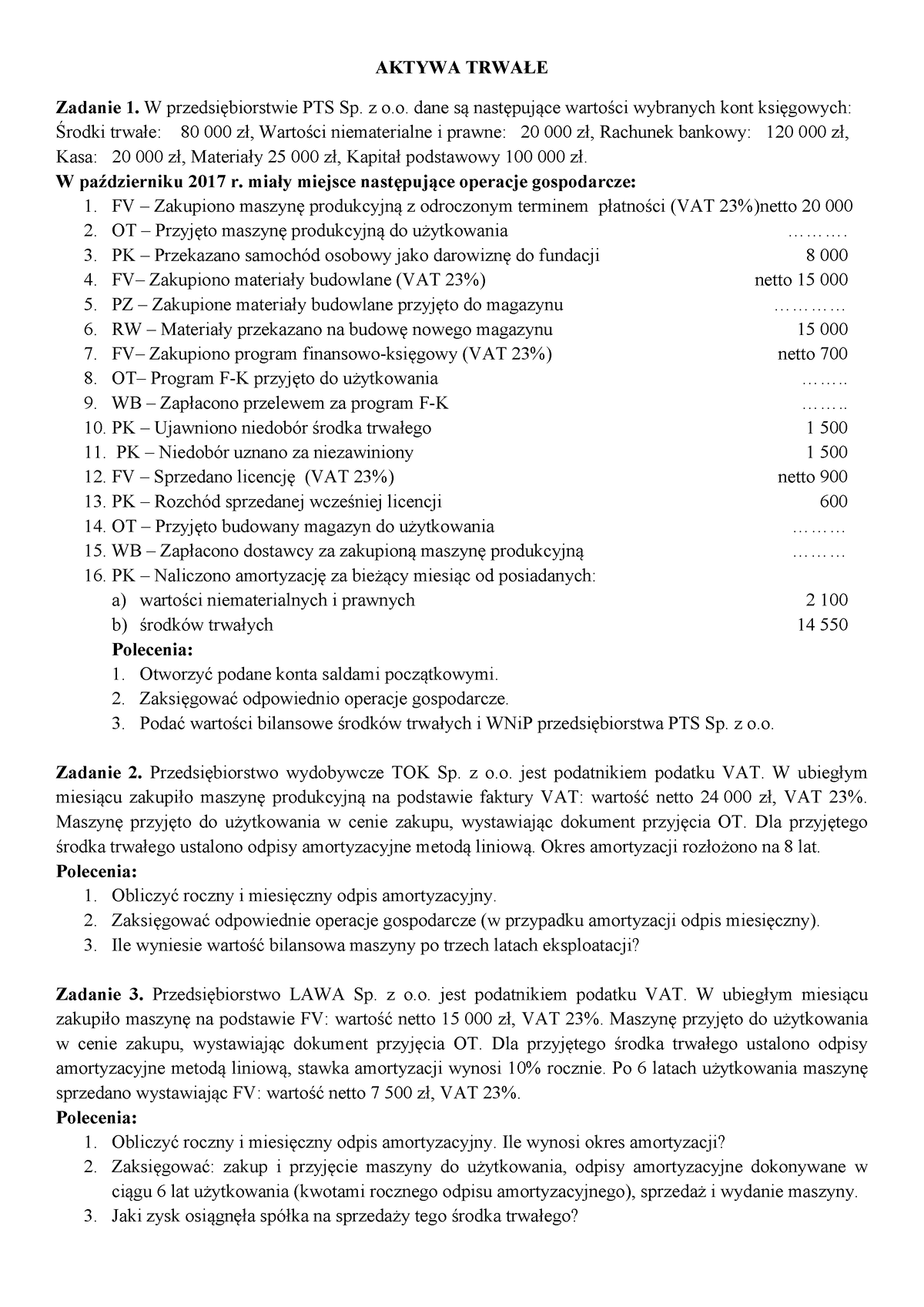 8 Aktywa Trwałe Rachunkowość Aktywa TrwaŁe Zadanie 1 W Przedsiębiorstwie Pts Sp Z O 0781