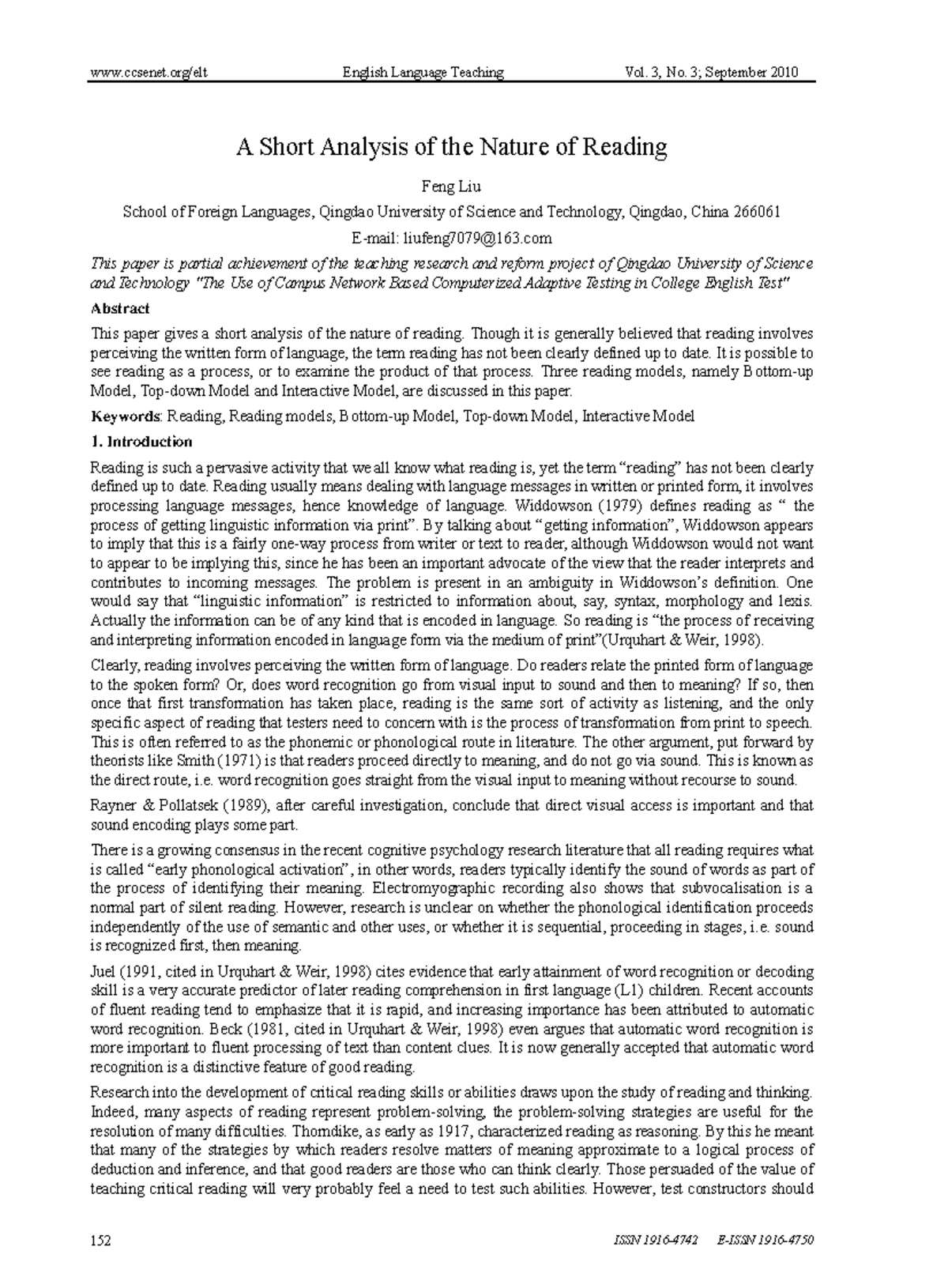 Material 1 - A Short Analysis of the Nature of Reading, School of ...
