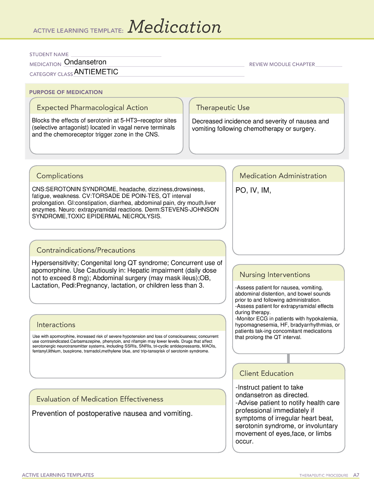 Ondansetron ATI Template ACTIVE LEARNING TEMPLATES THERAPEUTIC