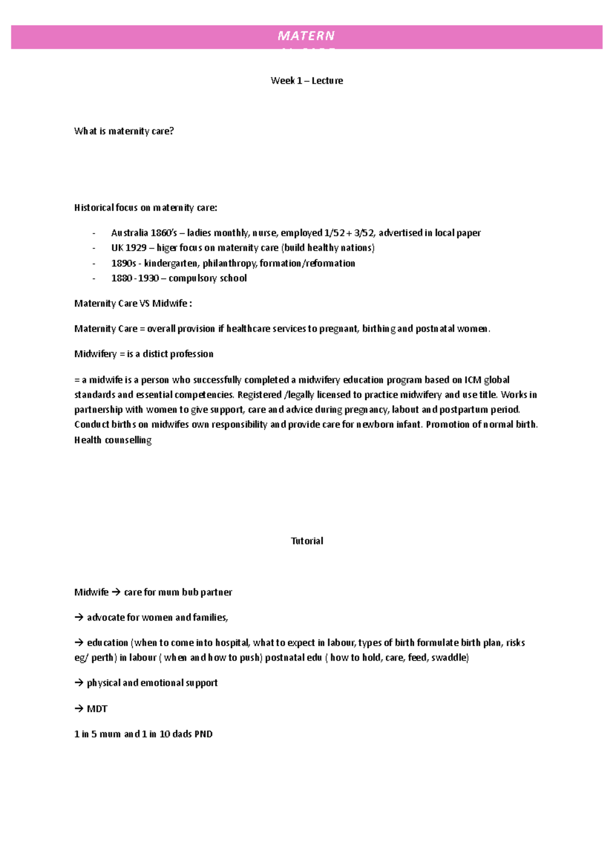 Maternal CARE Notes Week 1 Lecture What Is Maternity Care 