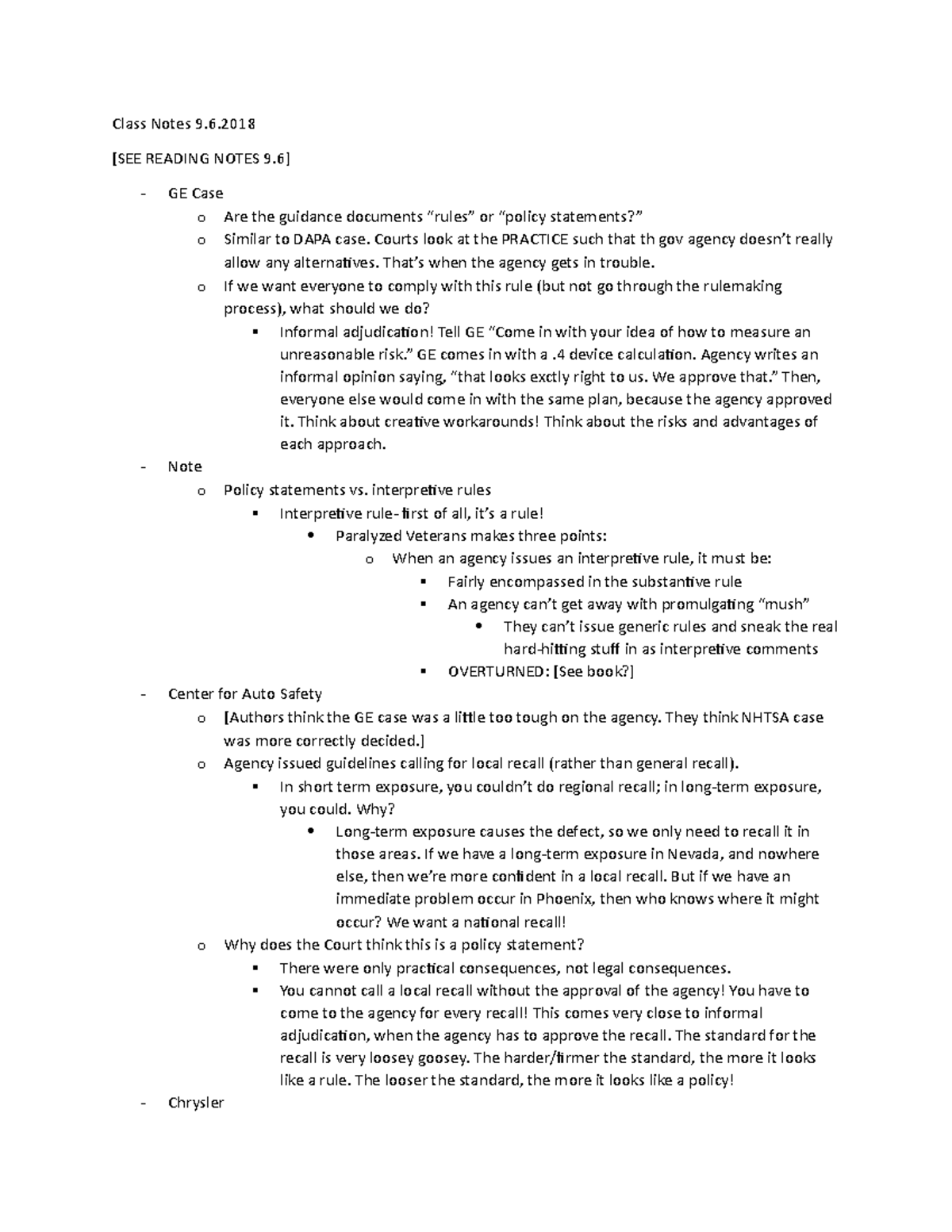 Silberman Admin Law Lecture Notes 9/6 - Class Notes 9. [SEE READING ...