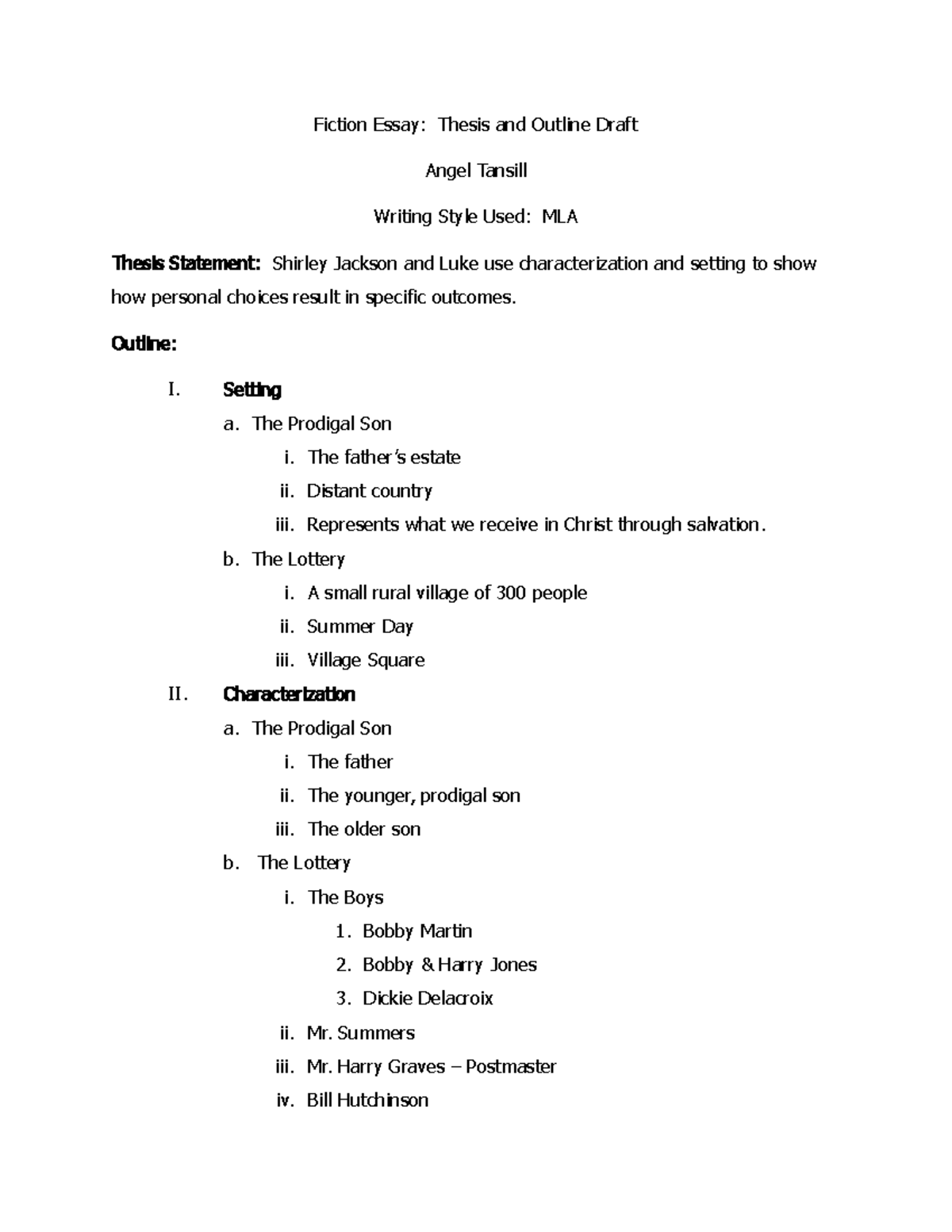 fiction essay thesis and outline example