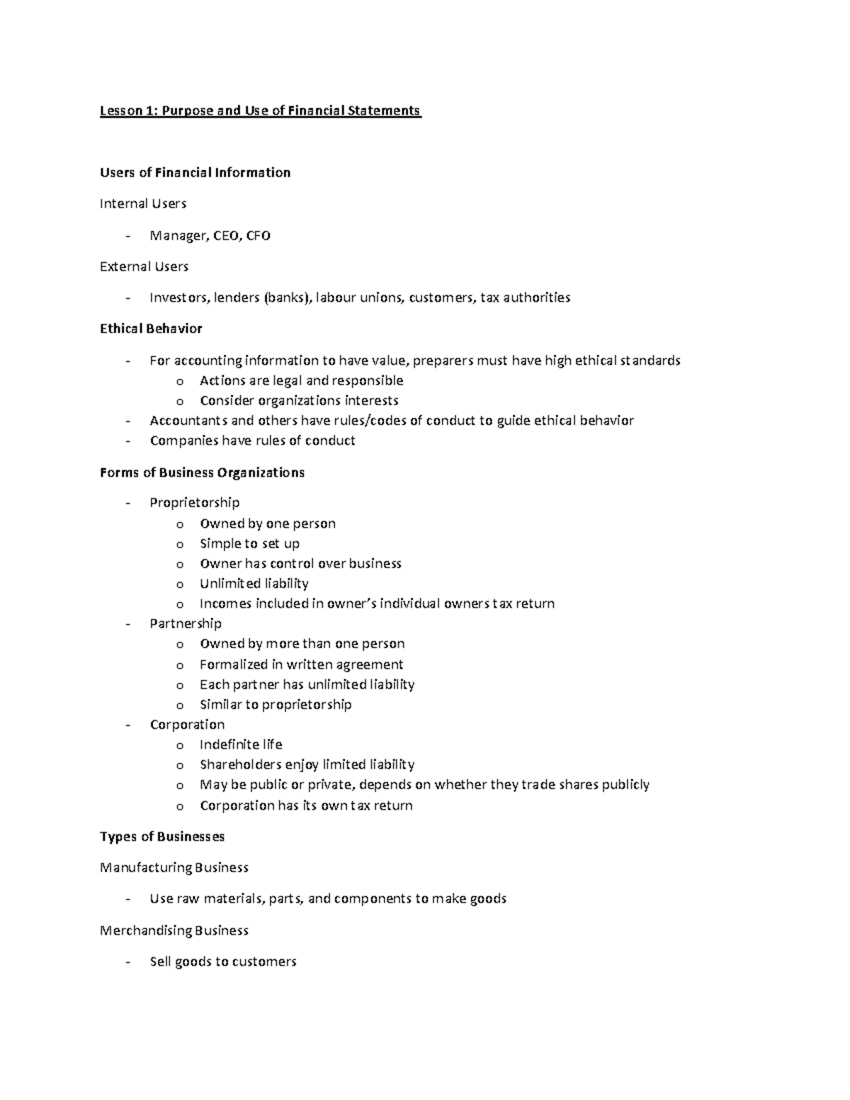 MOS 1023 - notes - Lesson 1: Purpose and Use of Financial Statements ...