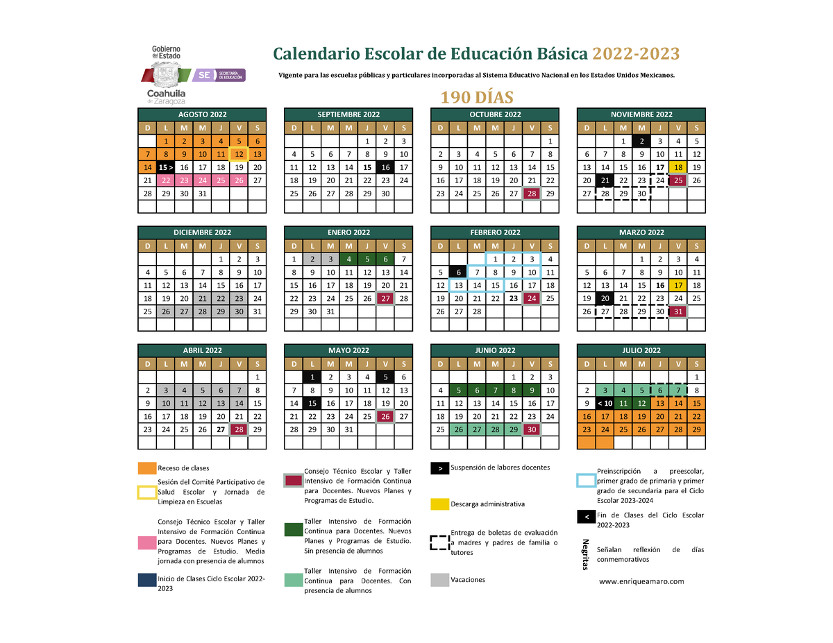 Calendario Escolar 2022 2023 Coahuila D L M M J V S D L M M J V S D