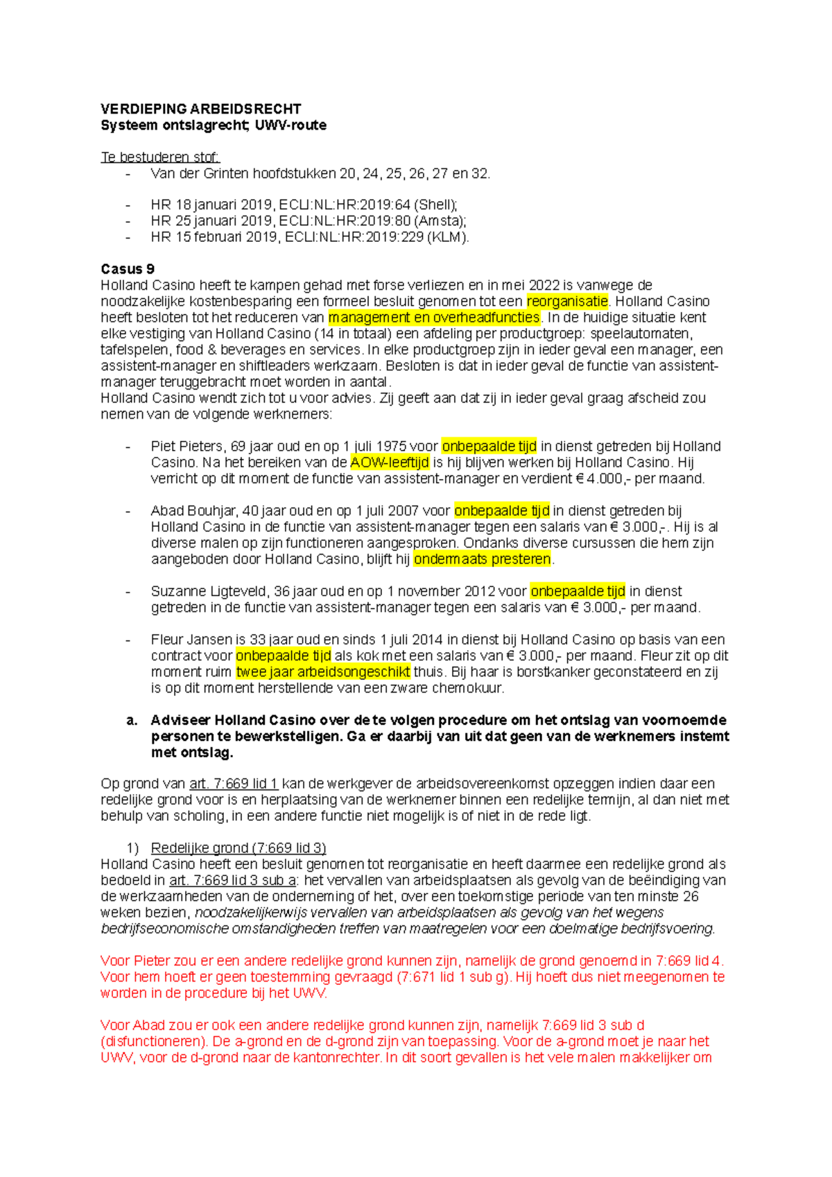 Casus Week 5 Wg 5 Verdieping Arbeidsrecht Systeem Ontslagrecht Uwv