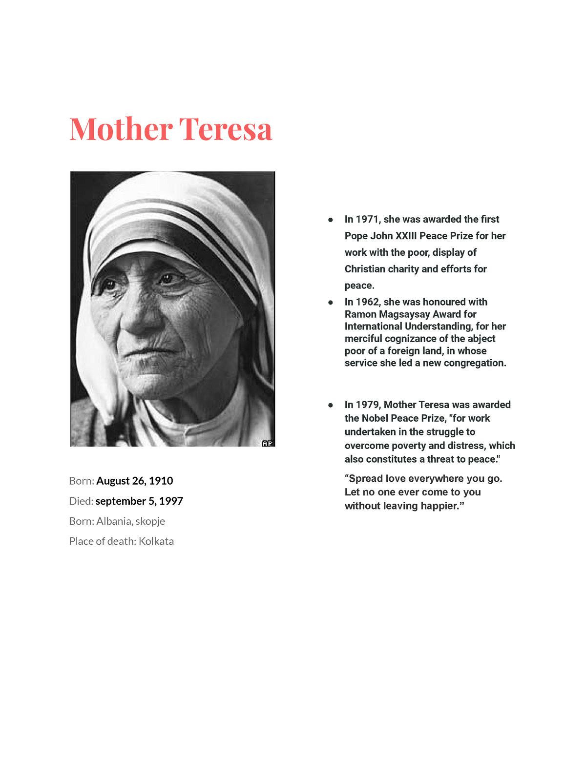Mother teresa - N/a - Mother Teresa Born: August 26, 1910 Died ...