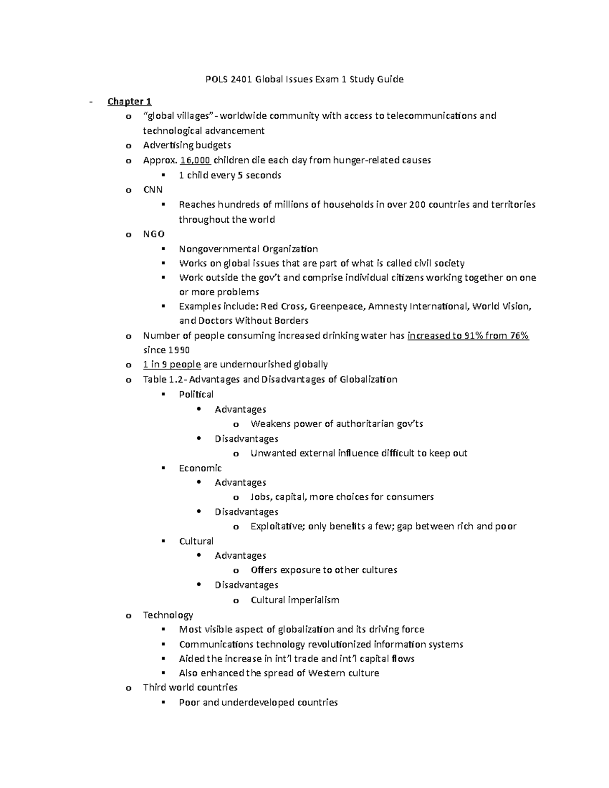 POLS 2401 Global Issues Exam 1 Study Guide - POLS 2401 Global Issues ...