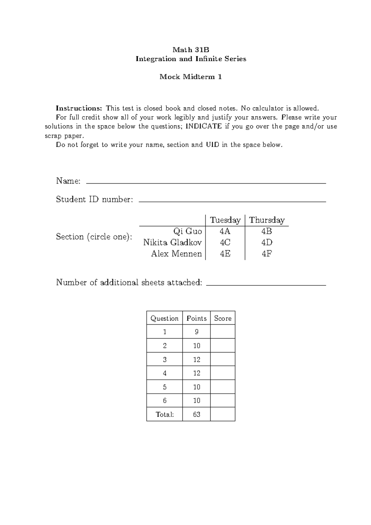 Mock Midterm 1A Math 1B Semester 1 2019 - Math 31B Integration And ...