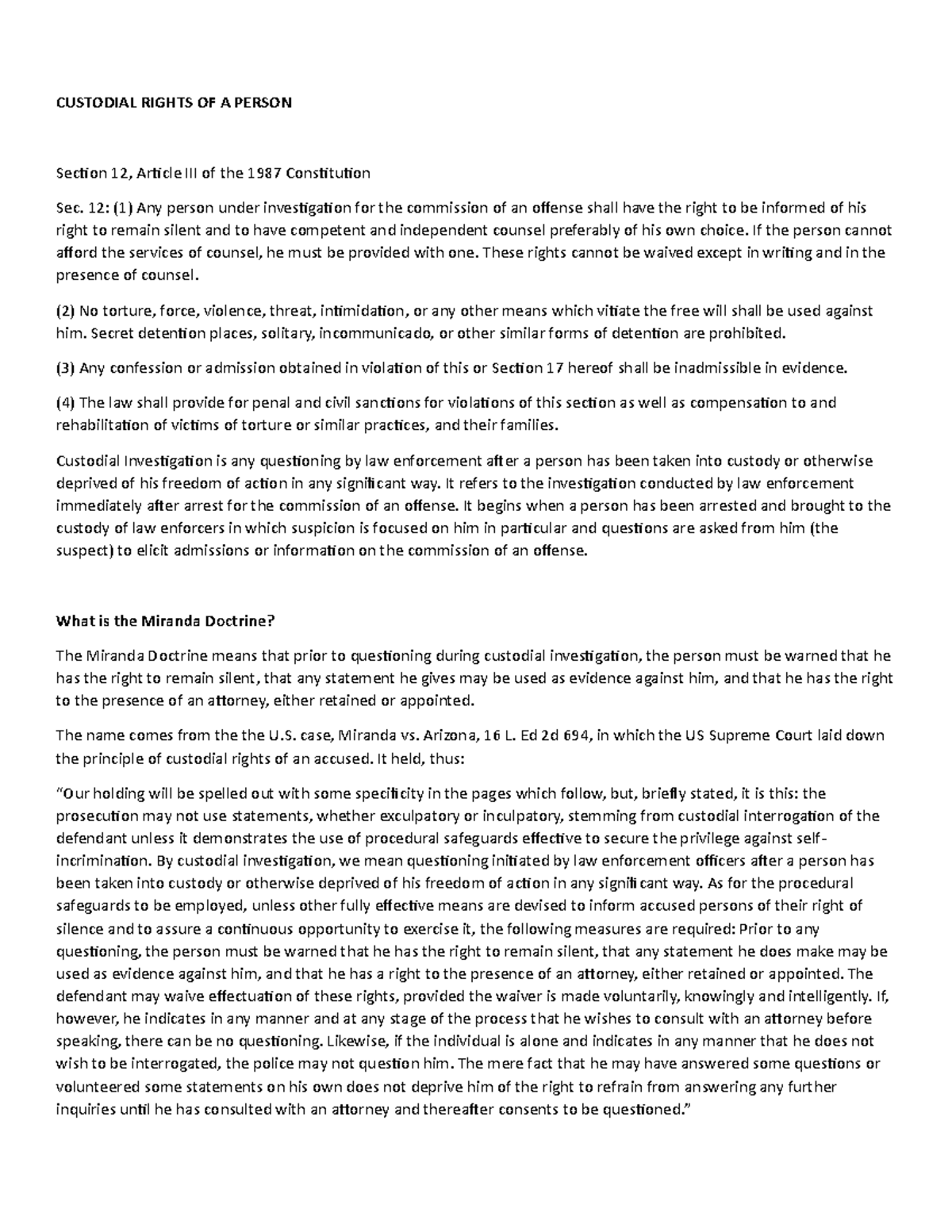 Custodial Rights OF A Person crim pro - CUSTODIAL RIGHTS OF A PERSON ...