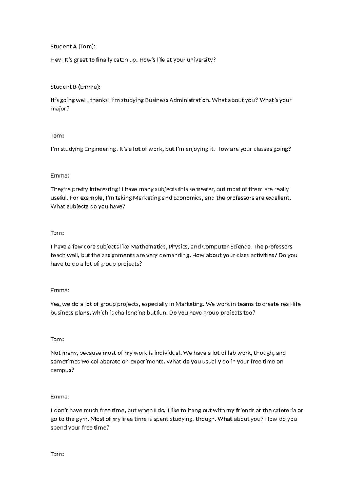Doc. Student A - conversacion de 2 - Student A (Tom): Hey! It’s great ...
