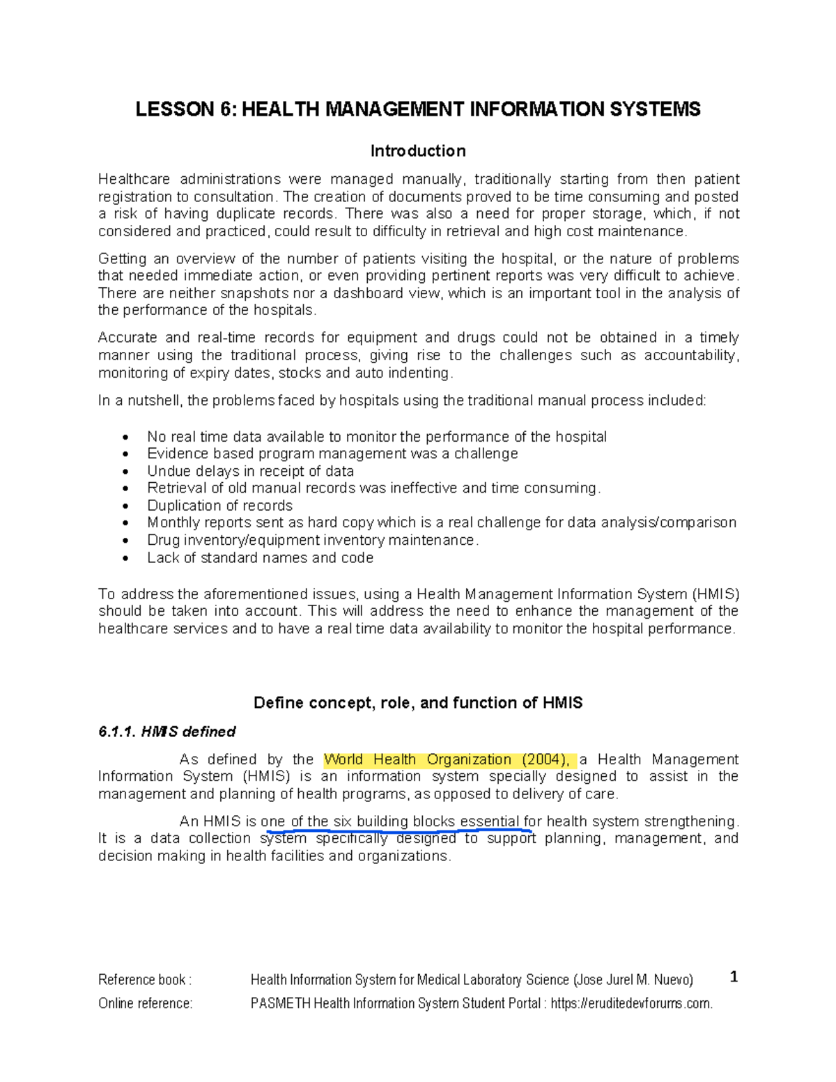 Lesson 6 HMIS Reference book Health Information System for Medical
