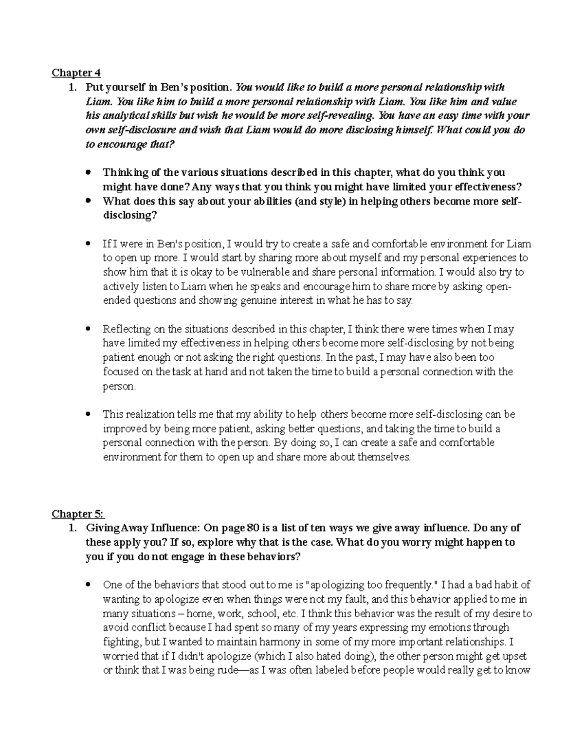 Reflection Questions - Chapters 4, 5, 6, 7 - Chapter 4 1. Put yourself ...