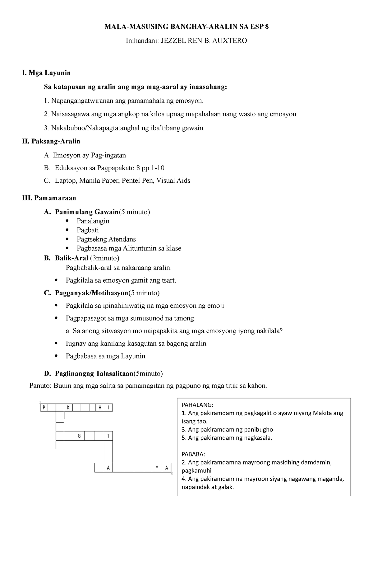 Cot Lesson Plan Guide Mala Masusing Banghay Aralin Sa Esp 8 Inihandani Jezzel Ren B 1345