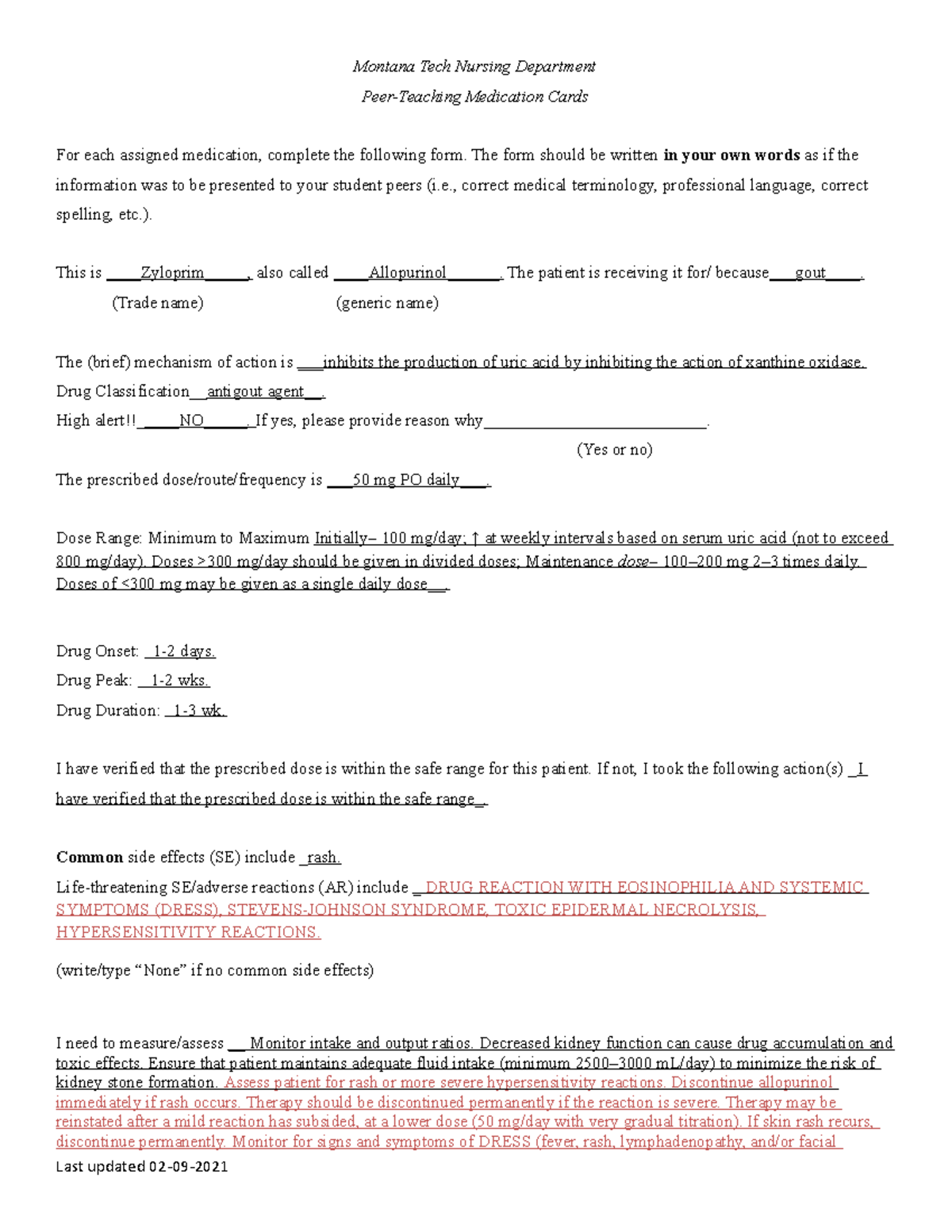 Allopurinol Drug Card - NA - Montana Tech Nursing Department Peer ...